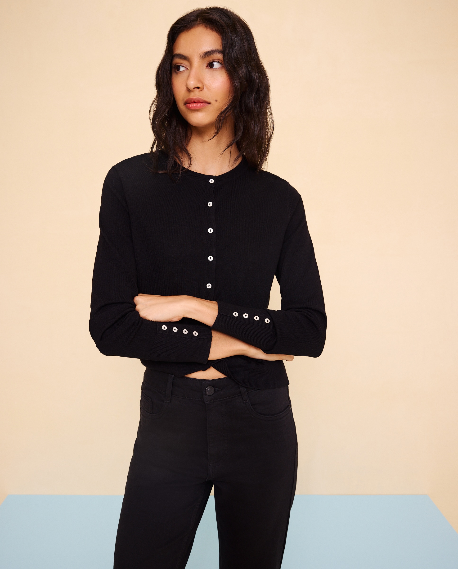 Chaqueta de punto de mujer cuello redondo - Easy Wear - Negro Negro-1