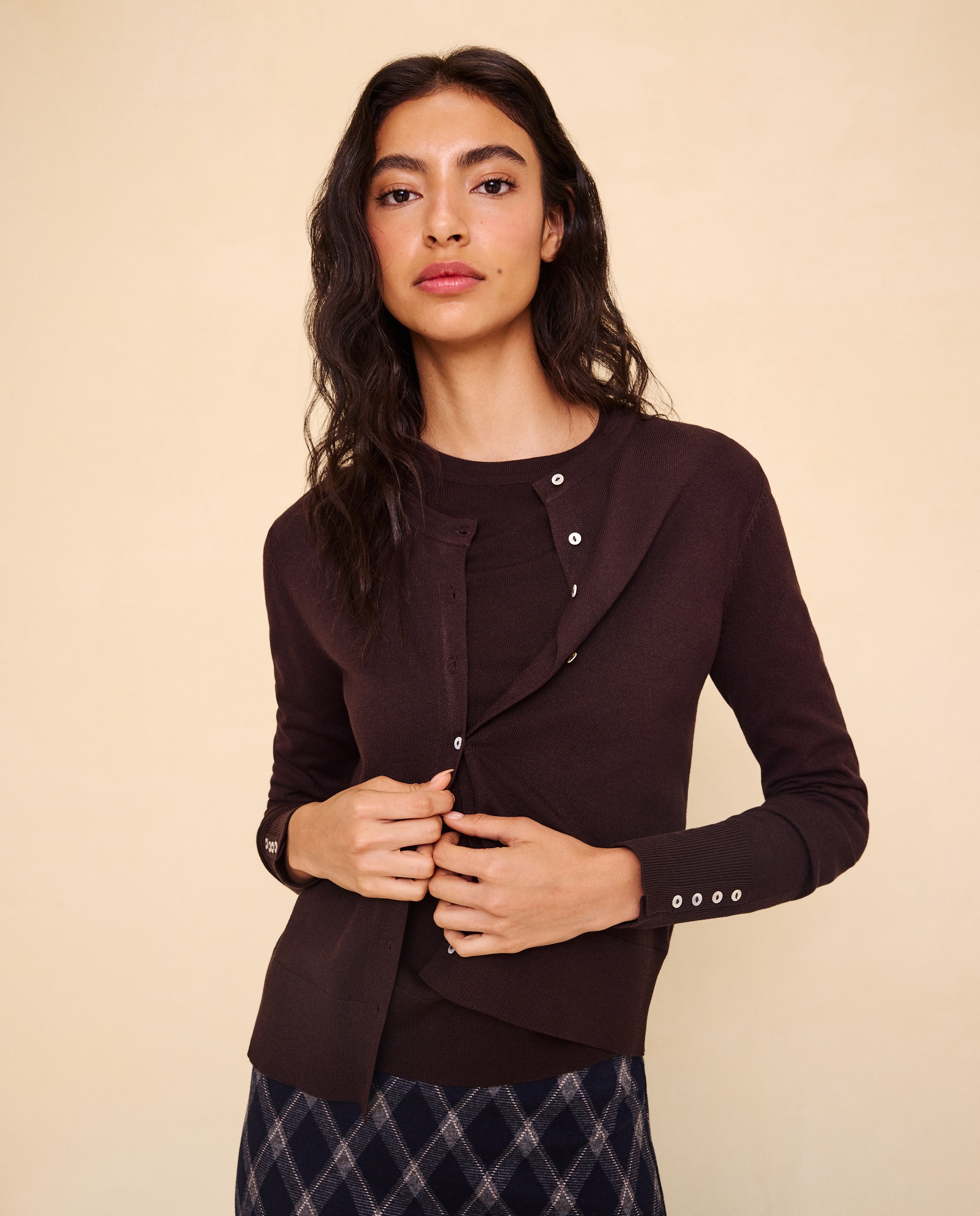 Chaqueta de punto de mujer cuello redondo - Easy Wear - Marrón Marrón-1