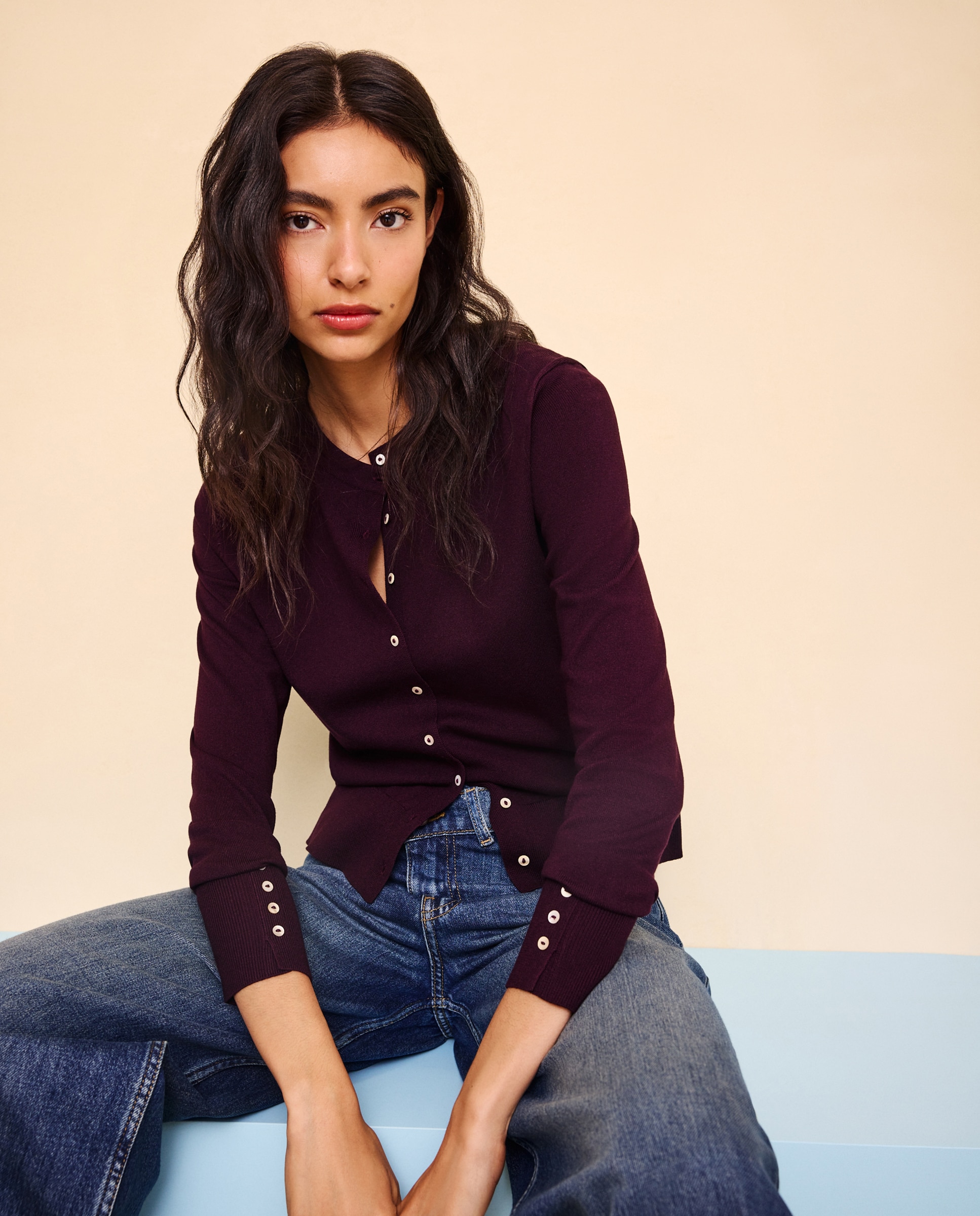 Chaqueta de punto de mujer cuello redondo - Easy Wear - Ciruela Ciruela-1