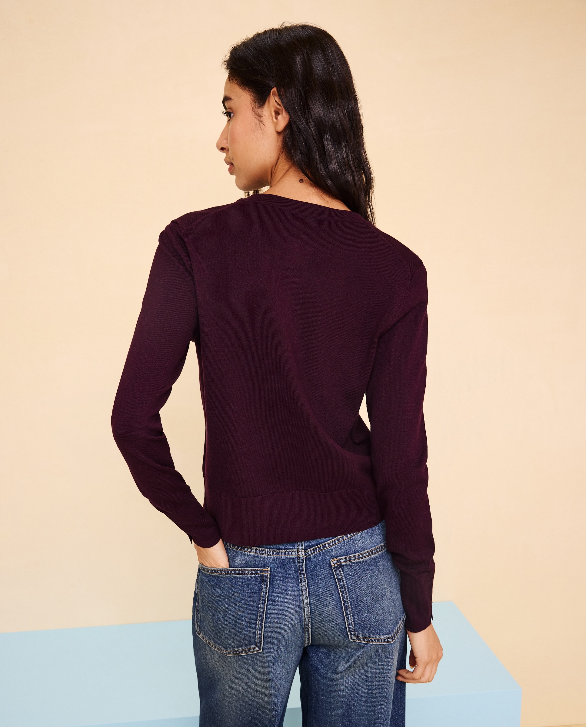 Chaqueta de punto de mujer cuello redondo - Easy Wear - Ciruela Ciruela-3