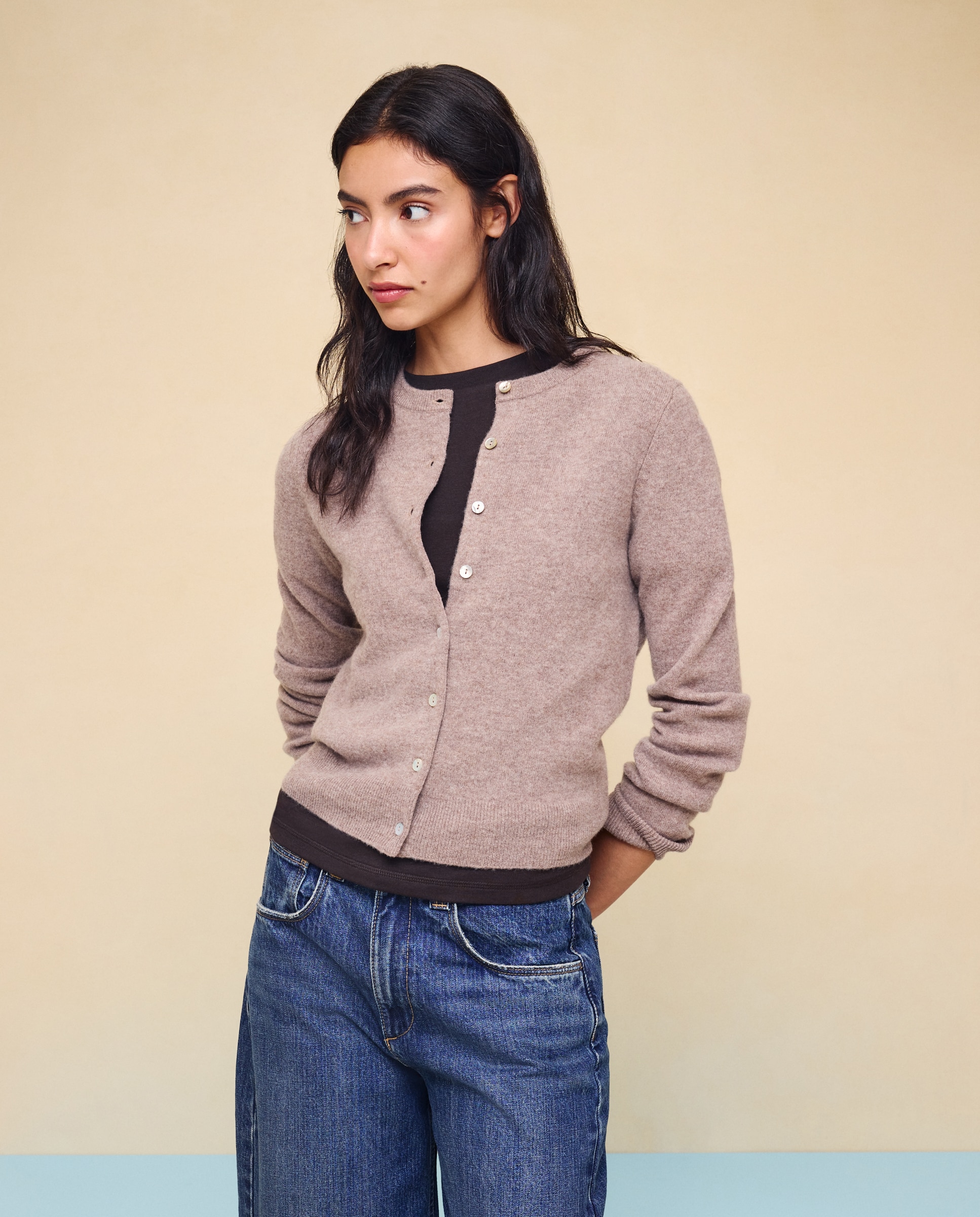 Chaqueta cuello redondo en lana con cashmere de mujer. - Easy Wear - Visón claro Visón claro-1