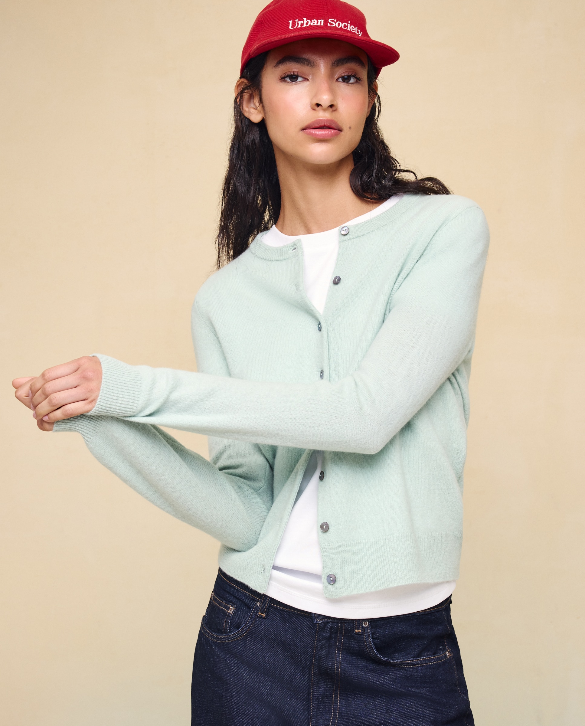 Chaqueta cuello redondo en lana con cashmere de mujer. - Easy Wear - 582 Verde agua 582 Verde agua-1
