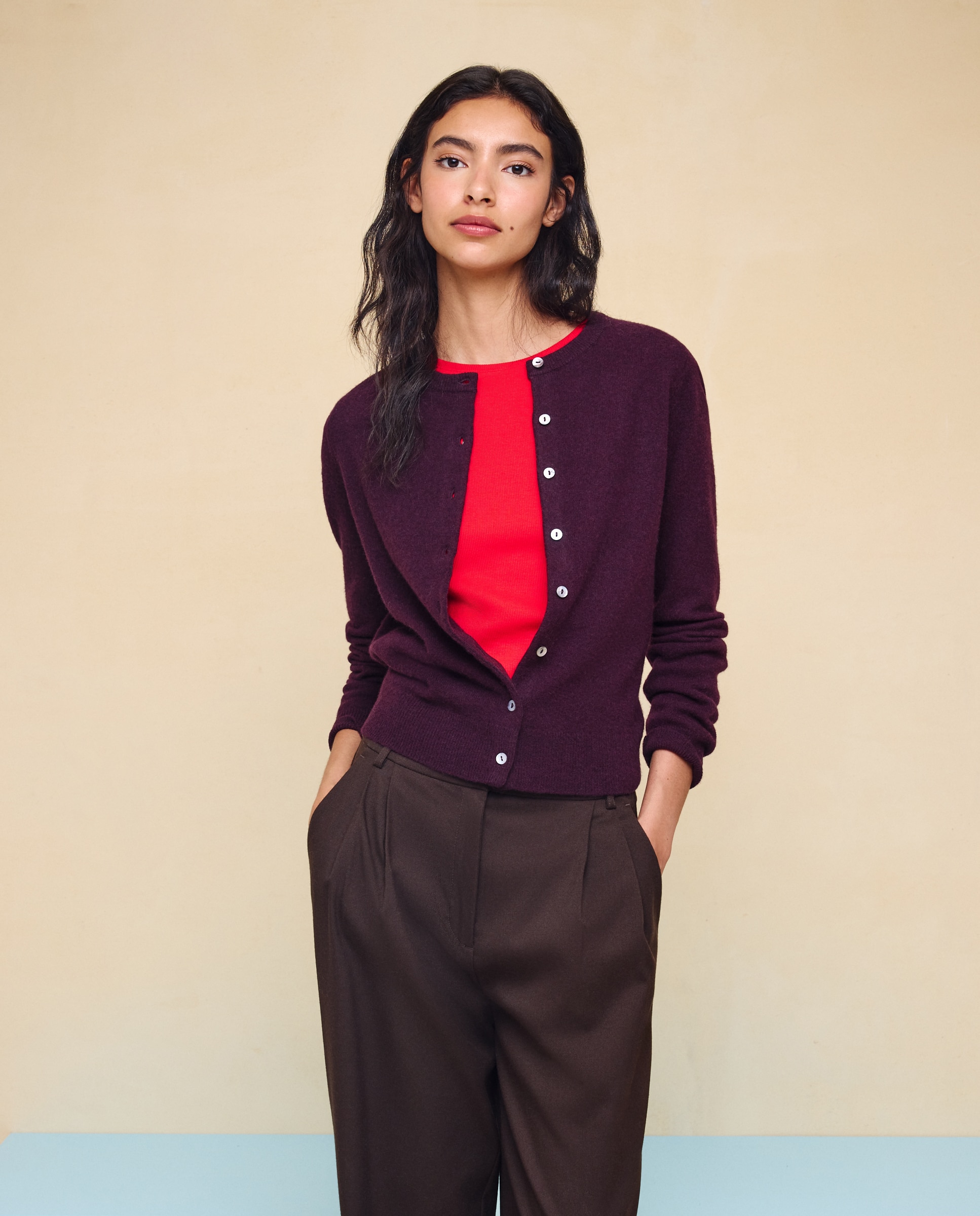 Chaqueta cuello redondo en lana con cashmere de mujer. - Easy Wear - Burdeos Burdeos-2