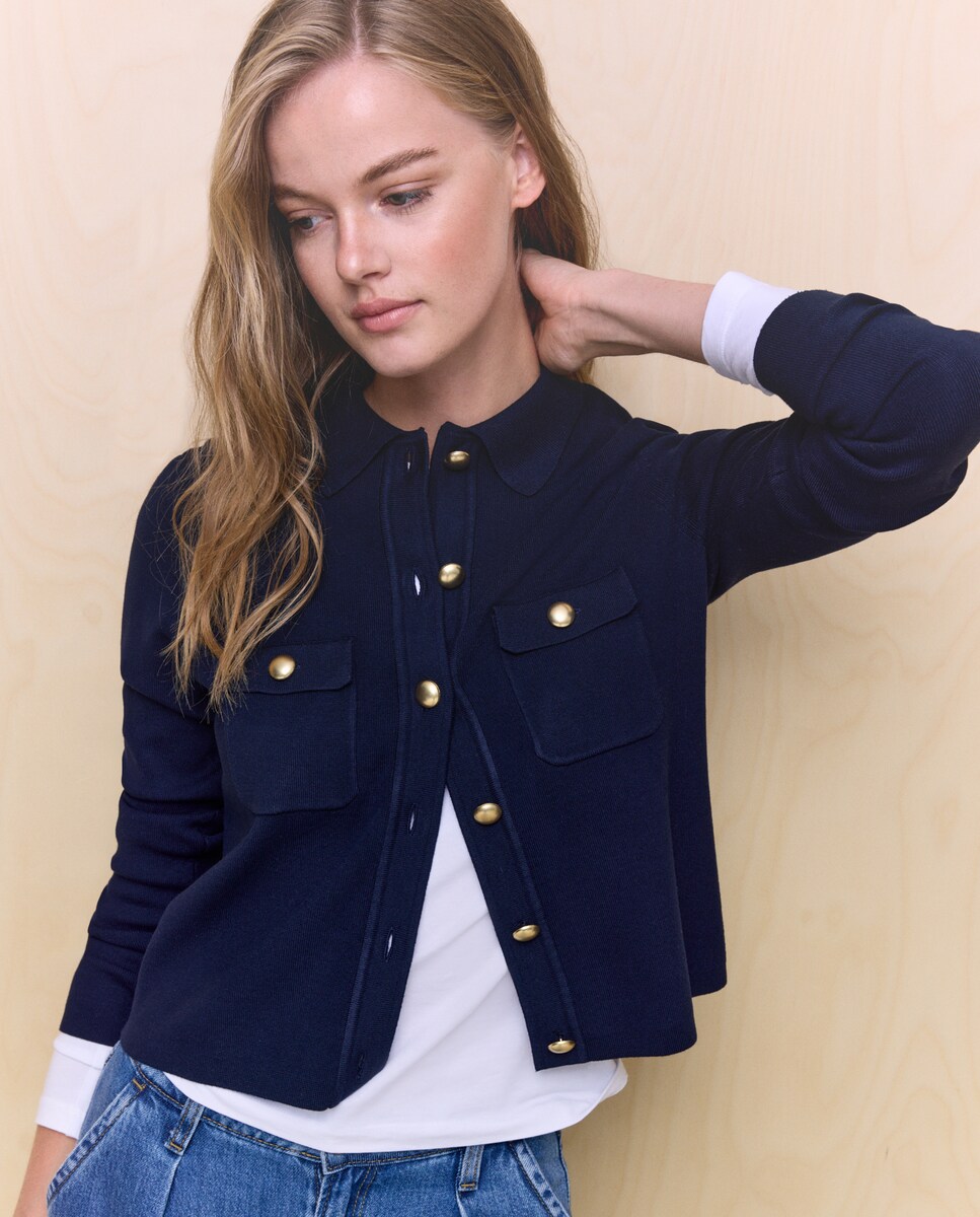 Casaco de Malha Liso Azul-marinho-2