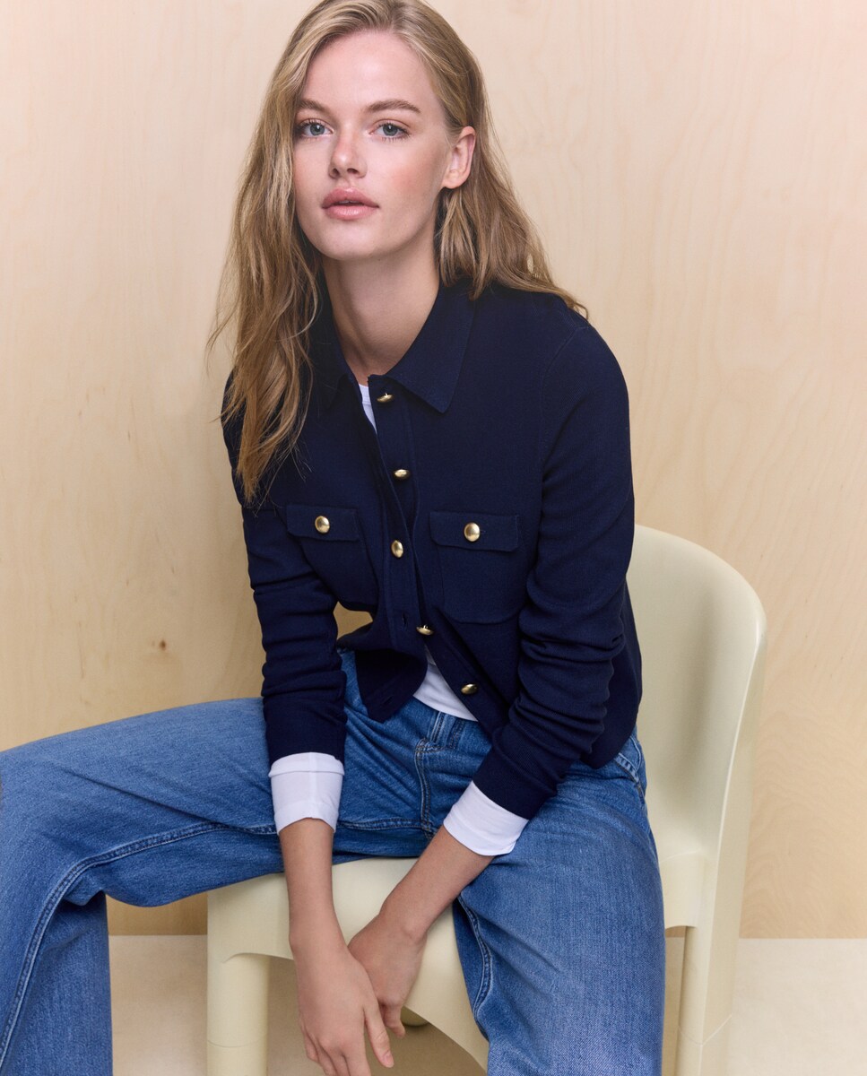 Casaco de Malha Liso Azul-marinho-4