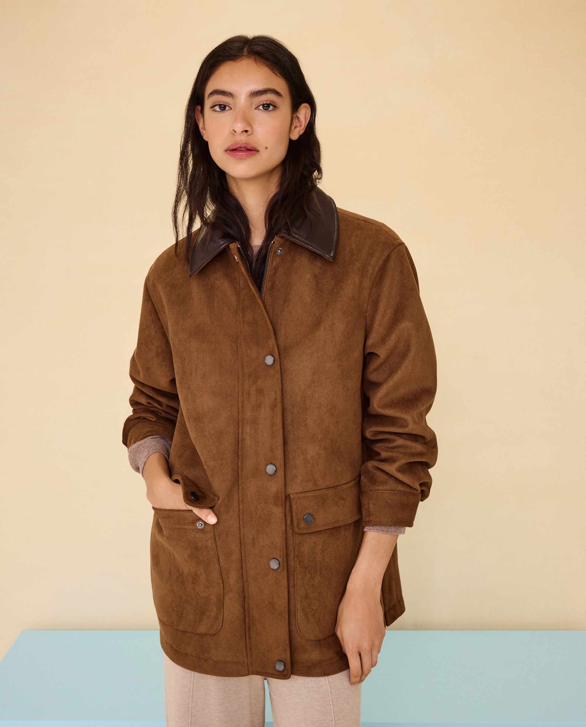 Parka de mujer encerada cuello pana - Easy Wear - Marrón Marrón-1