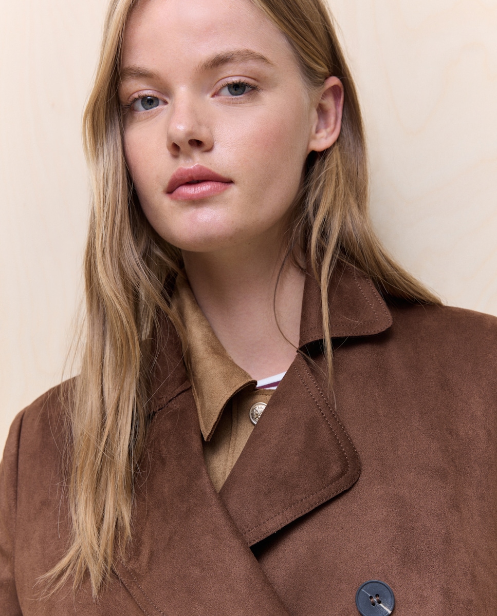 Gabardine Curta com Efeito de Camurça Castanho-3