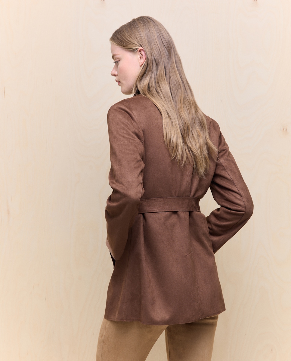 Gabardine Curta com Efeito de Camurça Castanho-4