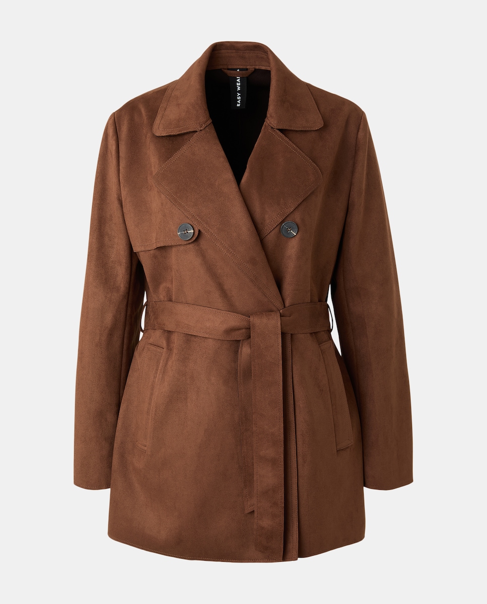 Gabardine Curta com Efeito de Camurça Castanho-5