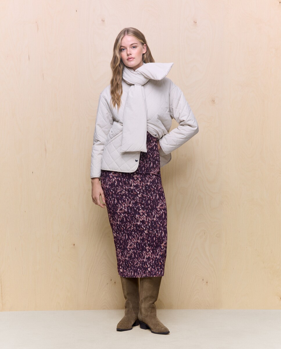 Casaco Acolchoado Até à Anca com Cachecol Areia-1