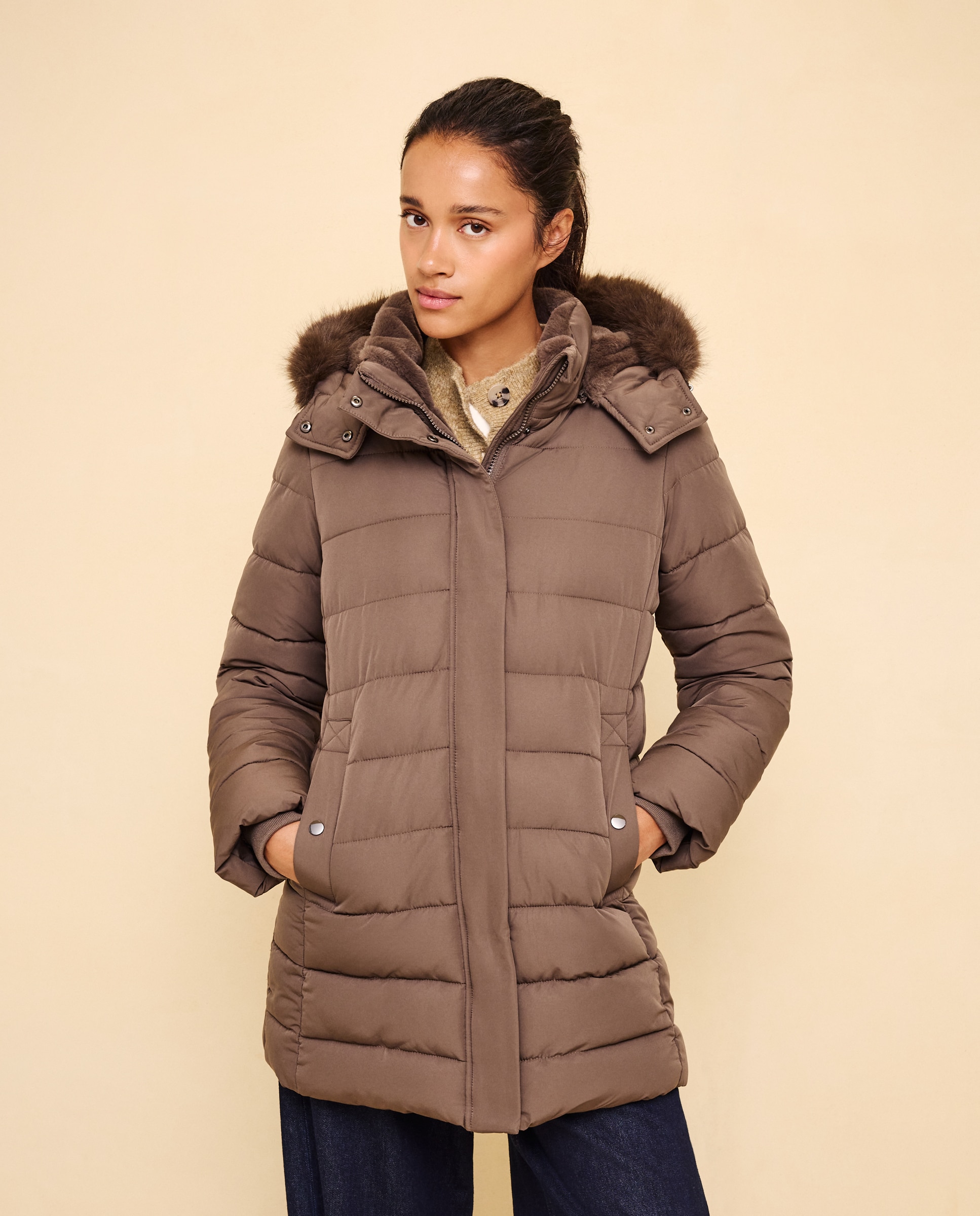 Imagen 1 de Abrigo acolchado midi capucha pelo - Easy Wear - Visón oscuro Visón oscuro