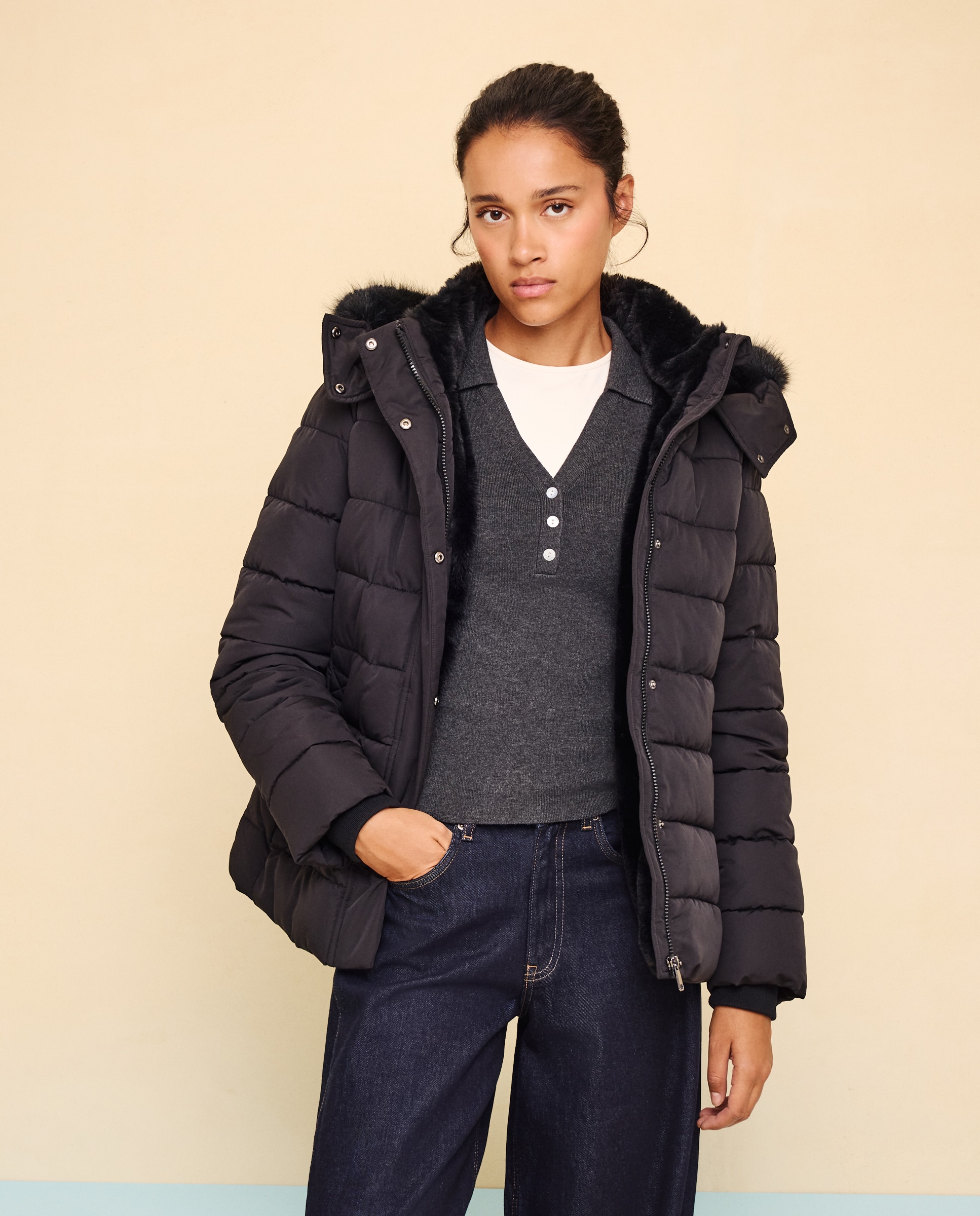Imagen 4 de Abrigo acolchado capucha pelo - Easy Wear - Negro Negro