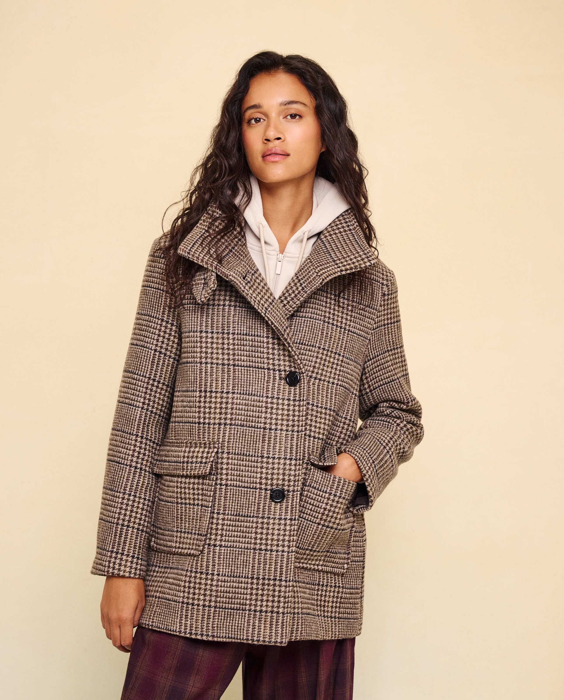Chaquetón de mujer con lana y cuello subido - Easy Wear - Marrón Marrón-1