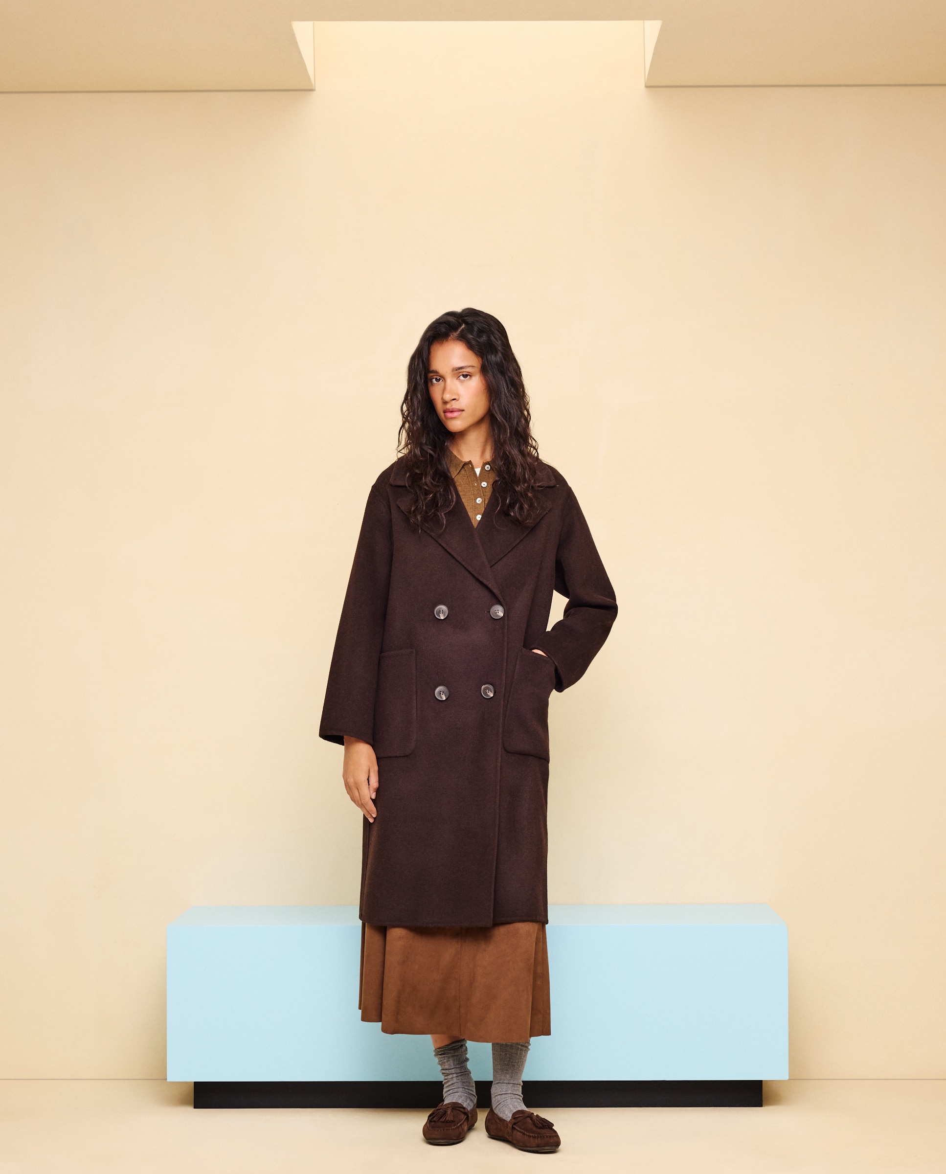 Abrigo de mujer con lana handmade bolsillos frontales - Easy Wear - Marrón Marrón-2