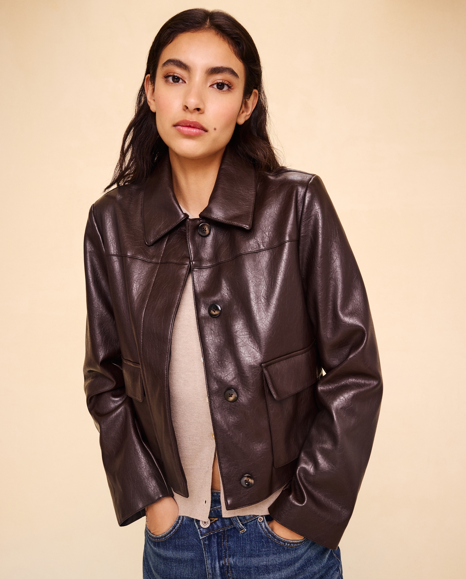 Chaqueta corta de mujer efecto piel - Easy Wear - Marrón Marrón-1