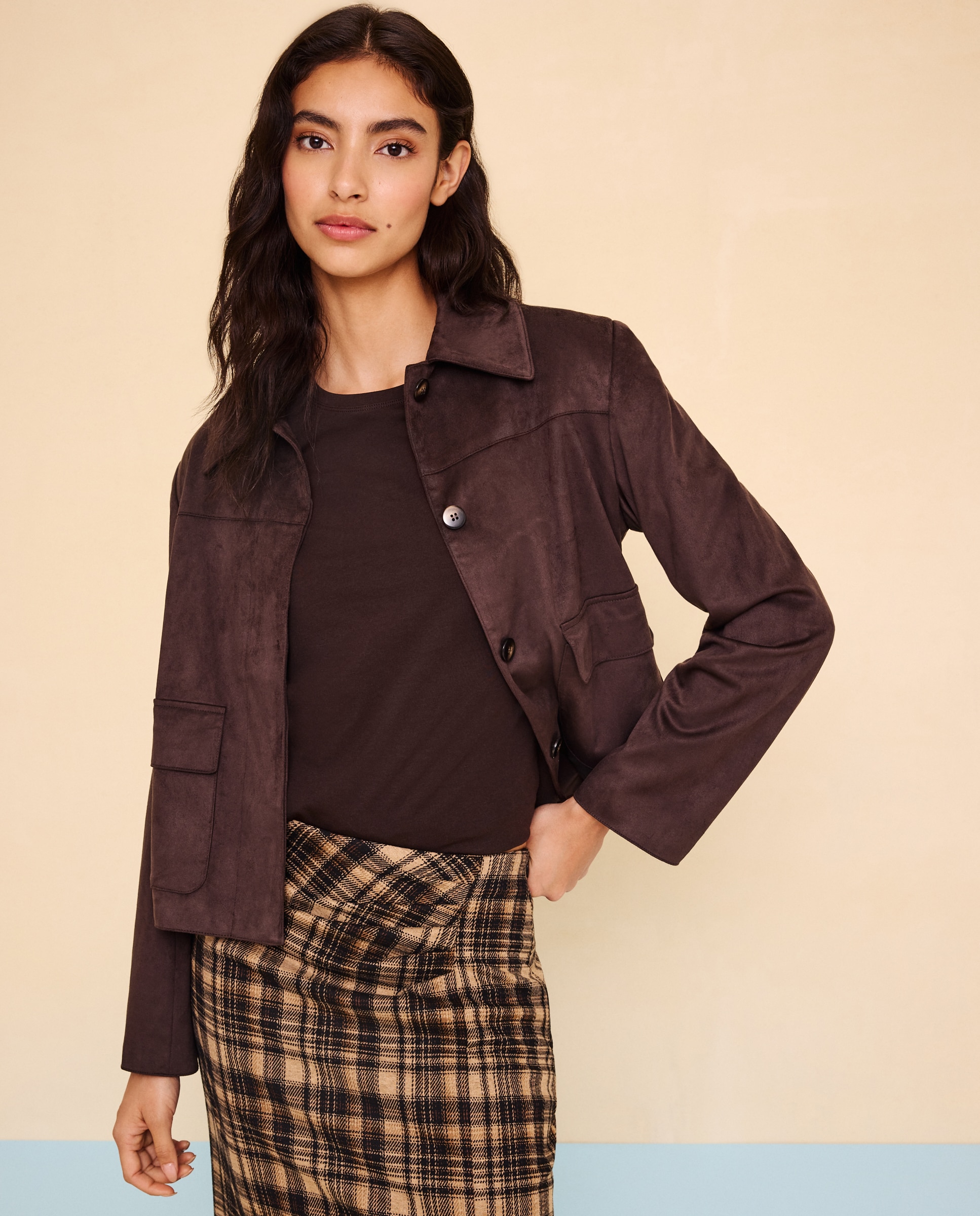 Chaqueta corta de mujer efecto ante - Easy Wear - Marrón Marrón-1
