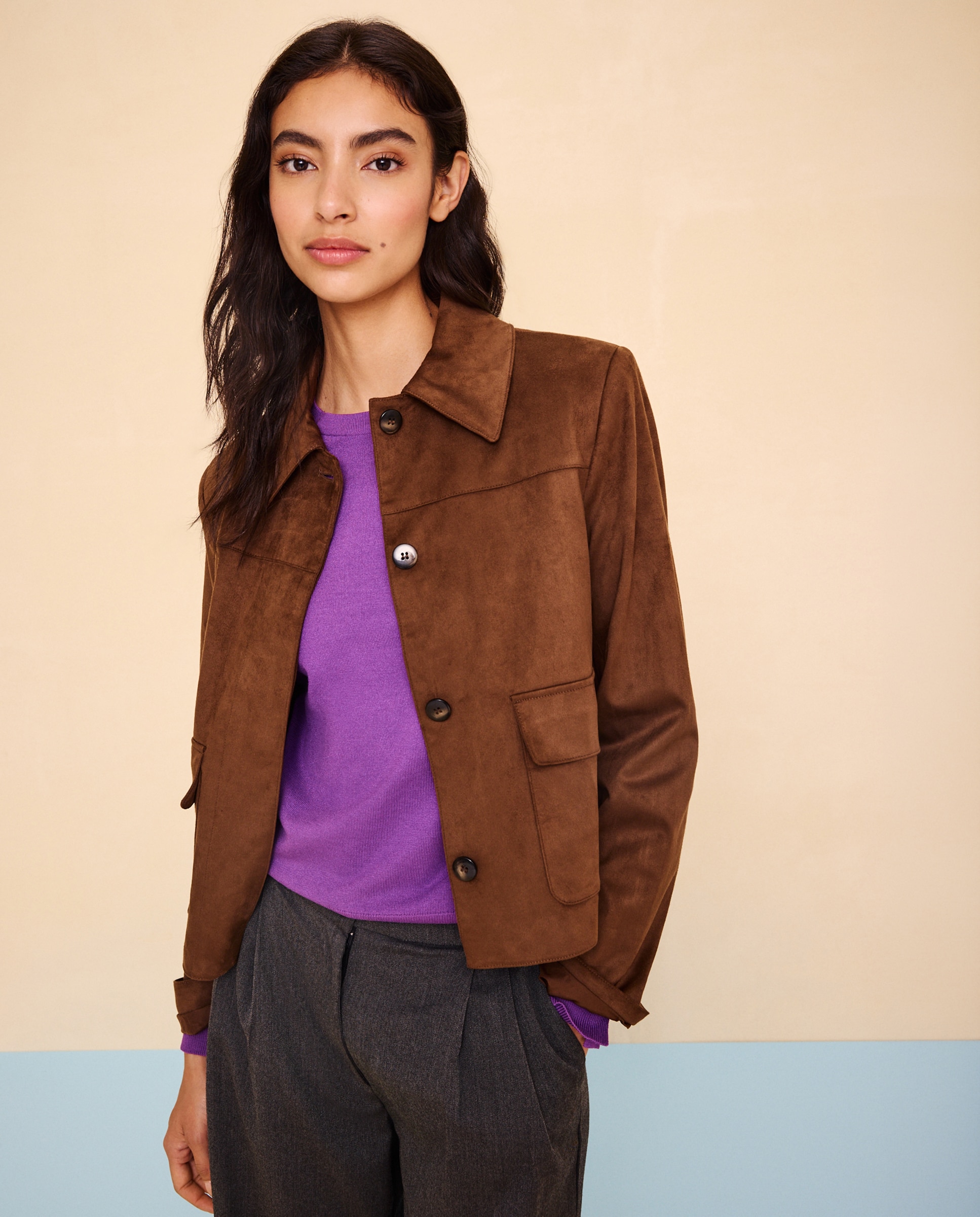 Chaqueta corta de mujer efecto ante - Easy Wear - Toffee Toffee-1
