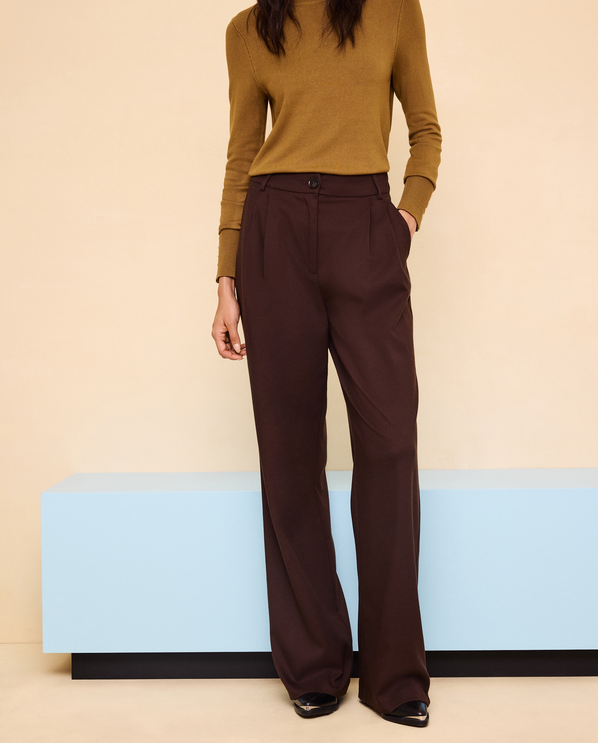 Pantalón de mujer pinzas wide leg - Easy Wear - Chocolate Chocolate-2