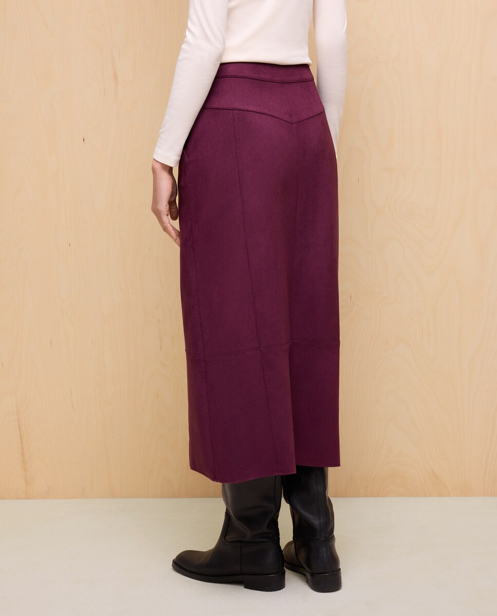 Saia Midi com Efeito de Camurça Bordeaux-3