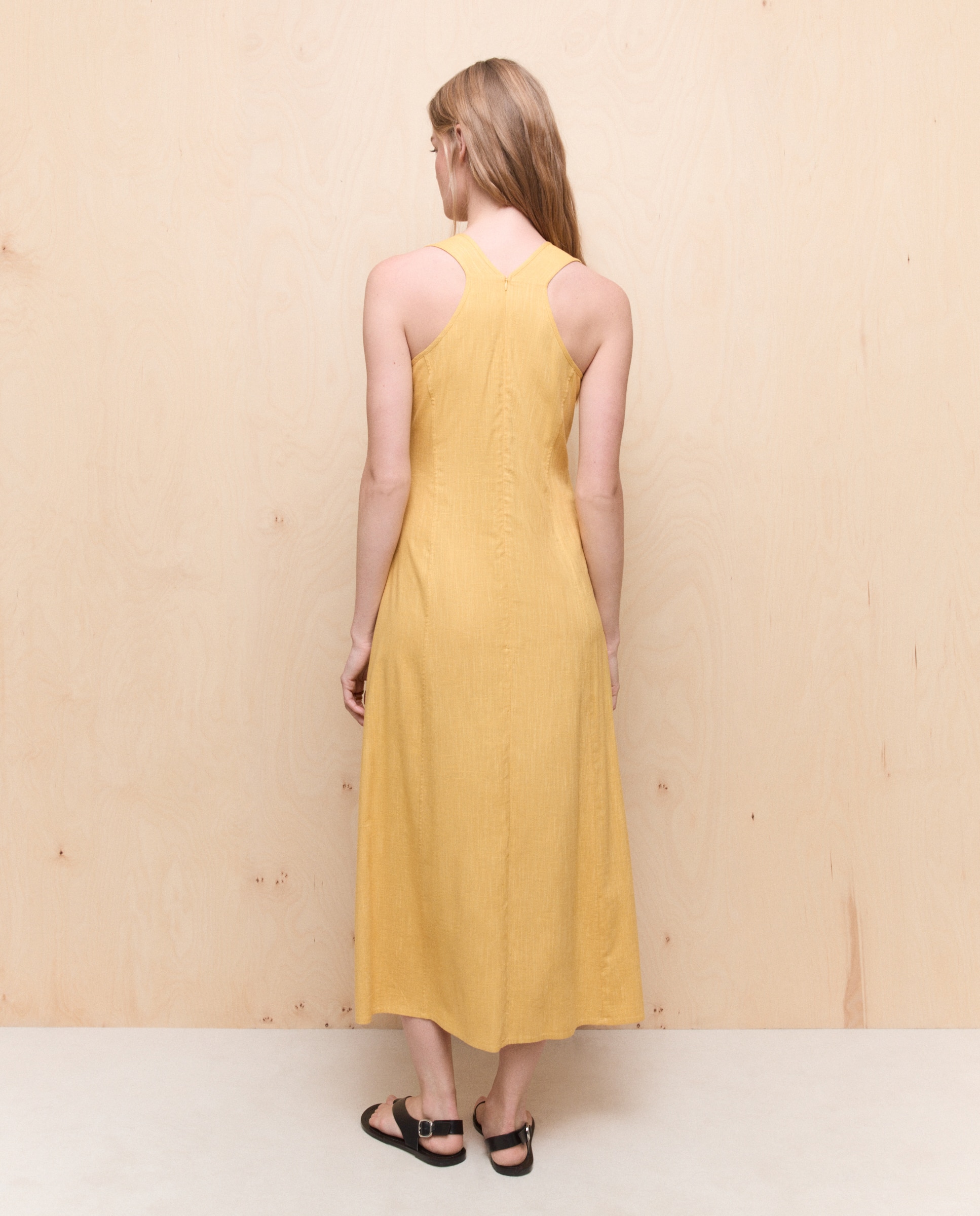 Vestido Comprido com Decote em Bico Amarelo palha-3