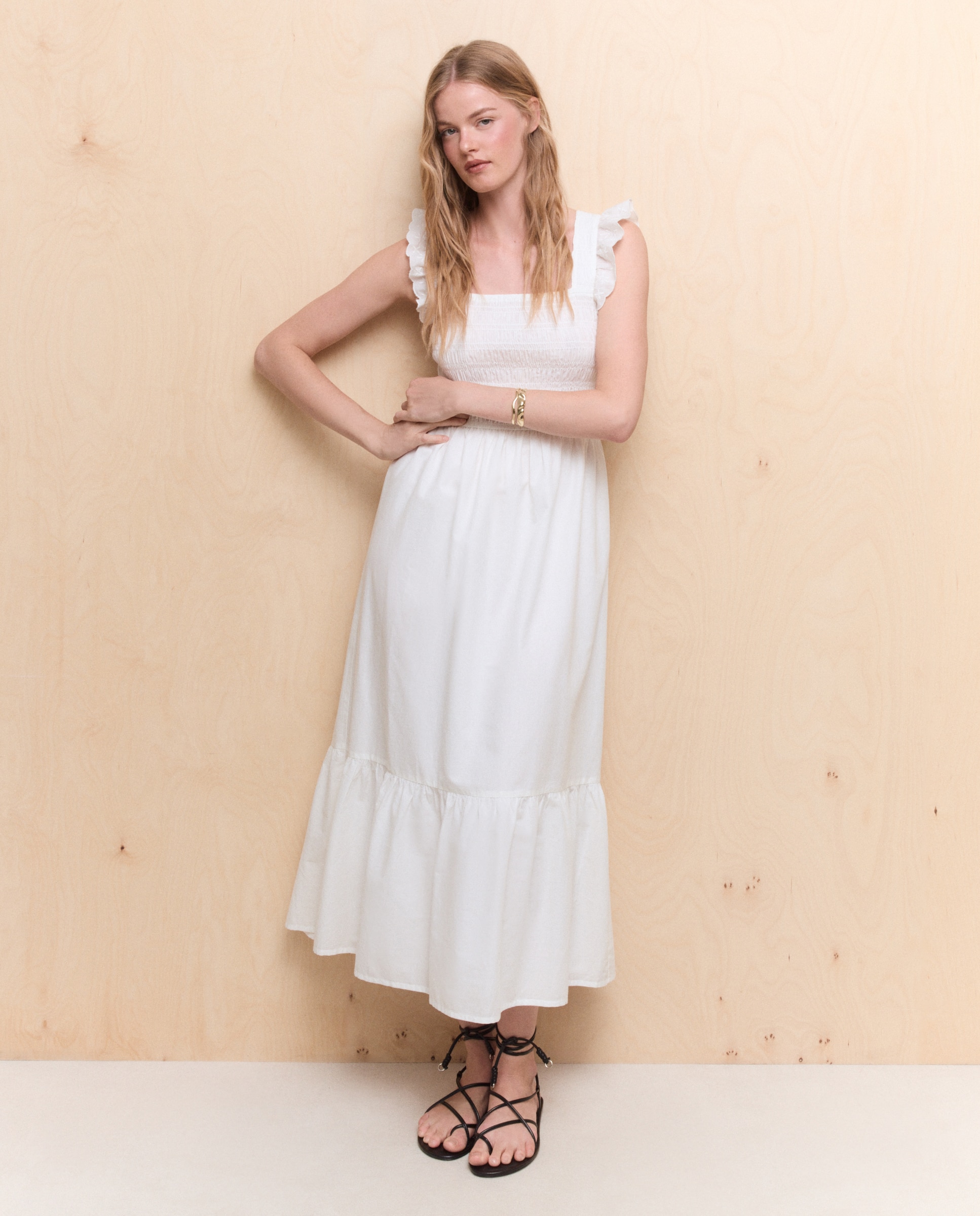 Vestido largo nido de abeja Blanco roto (blanco roto)