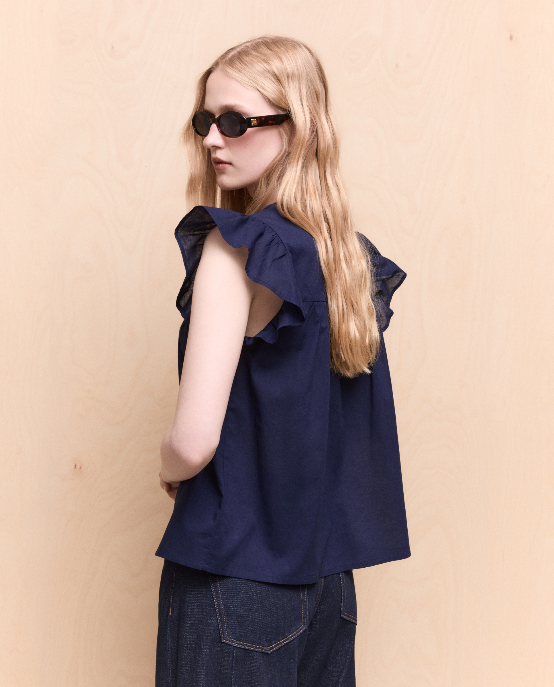 Blusa popelín de mujer bordada - Easy Wear - Azul marino Azul marino-3