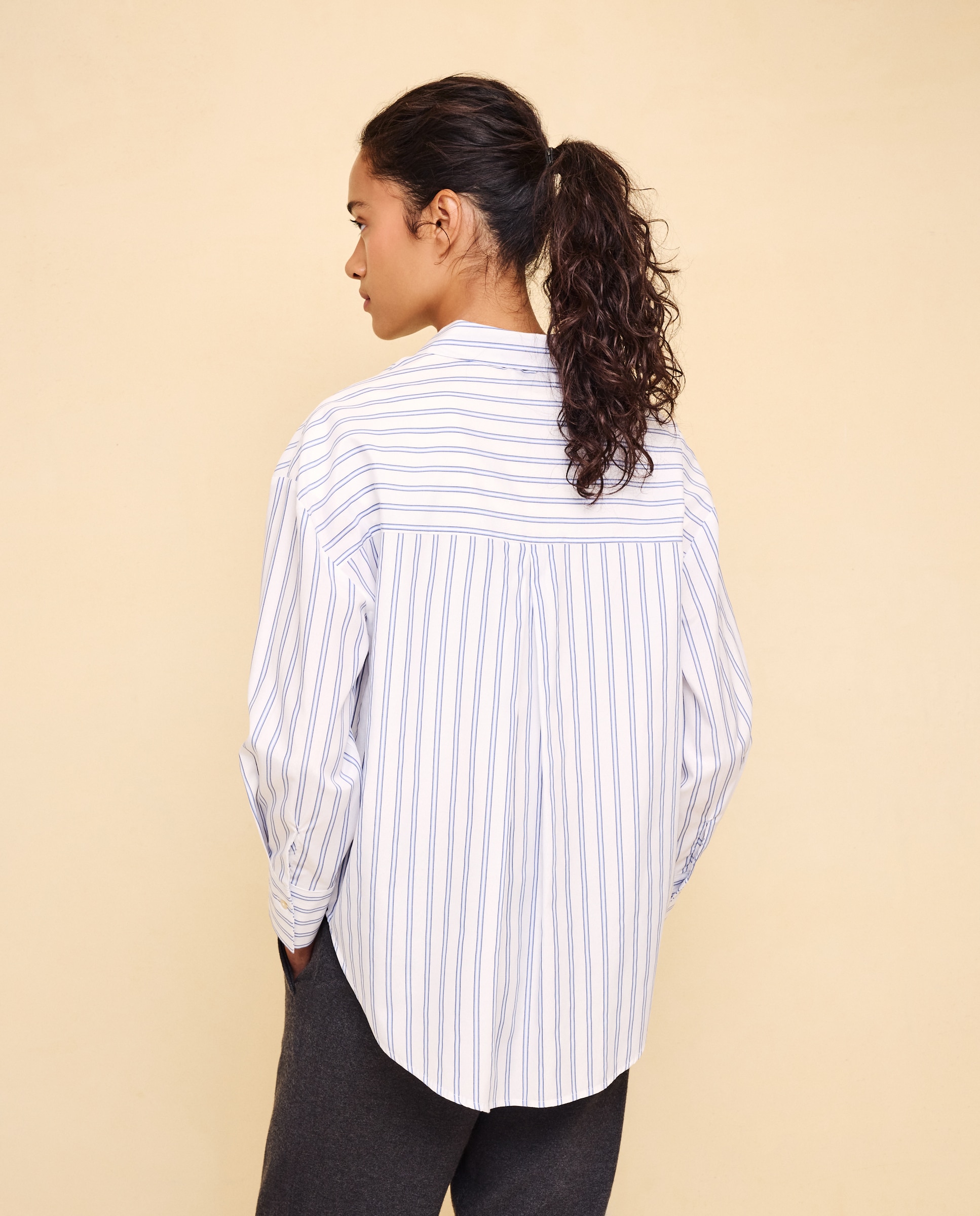 Camisa Fluida com Estampado às Riscas Azul-marinho-3