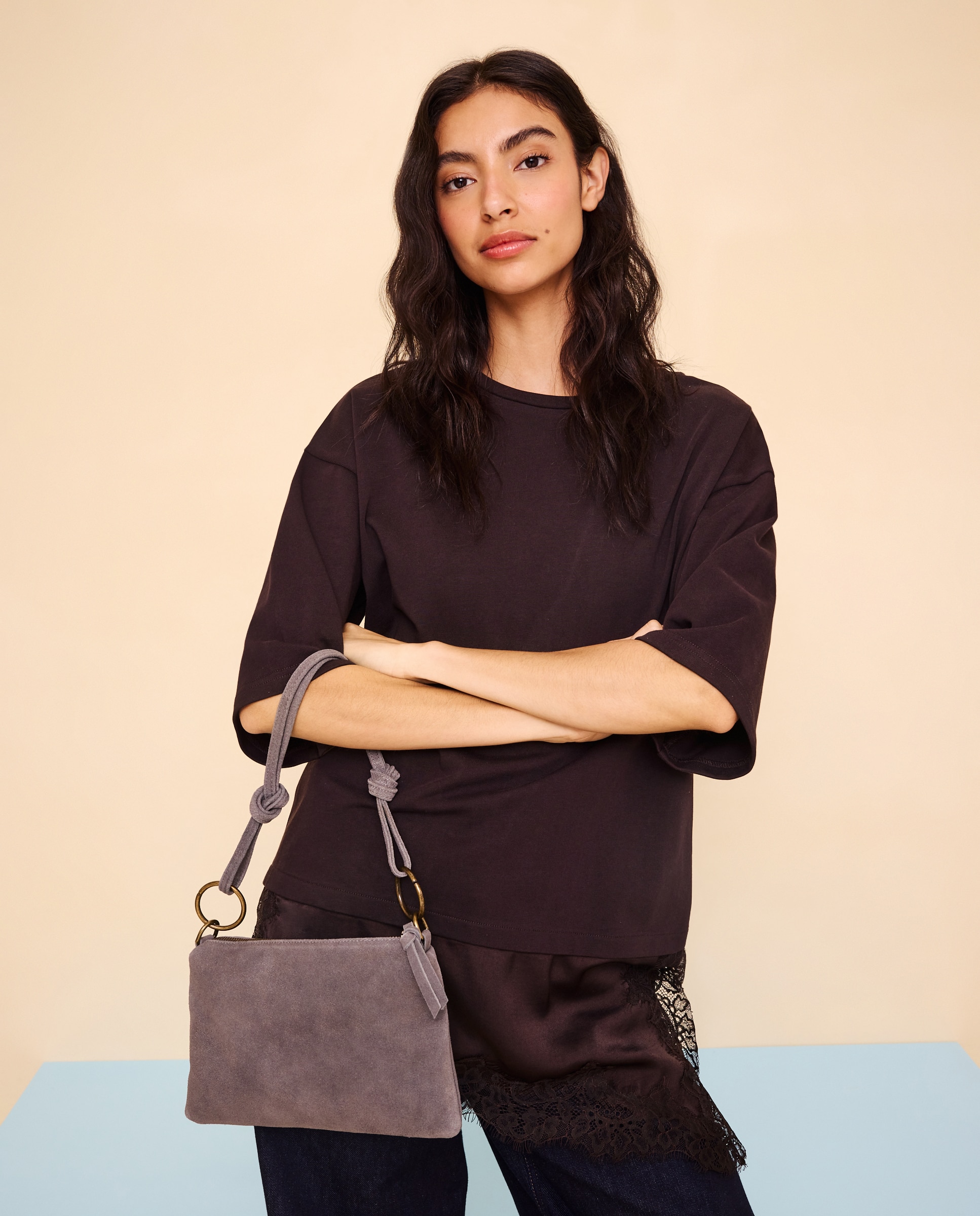 Mala Pouch em Pele com Aros 820 Cinzento Médio-6