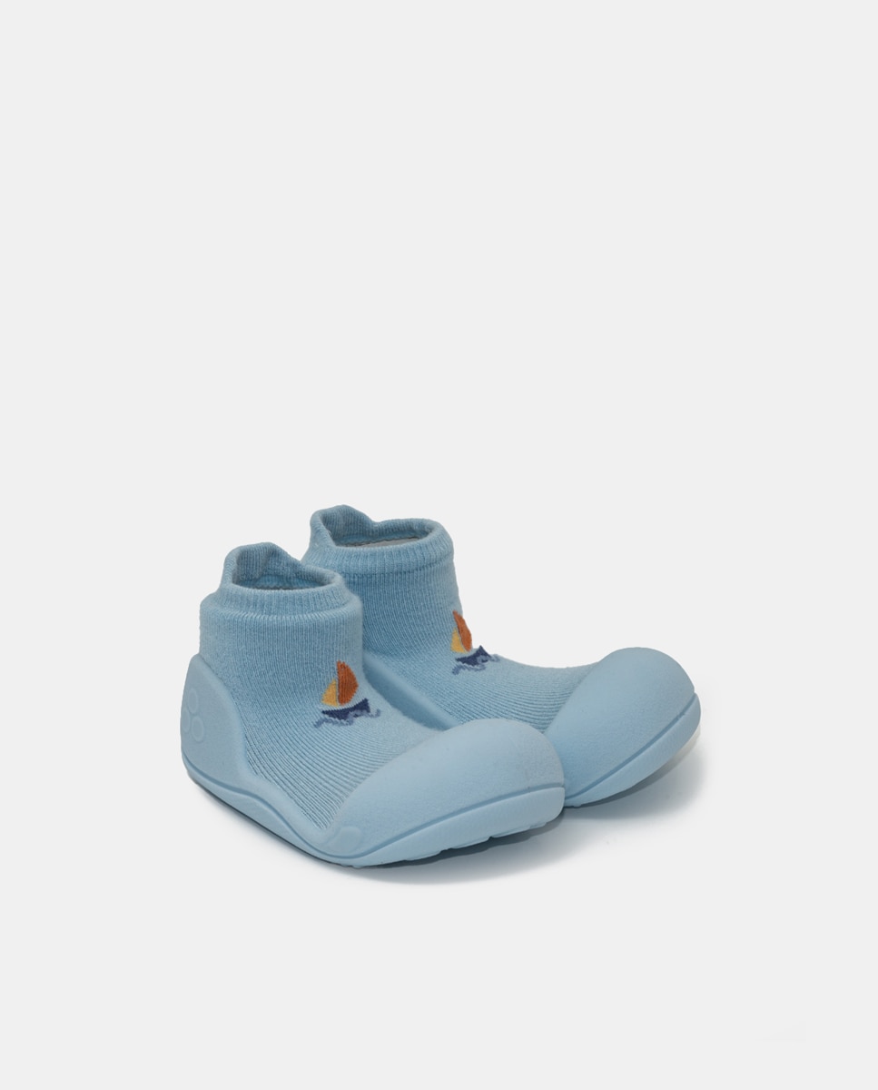 Botas de Tricot de Bebé em Têxtil com Desenho de Barco Azul-2