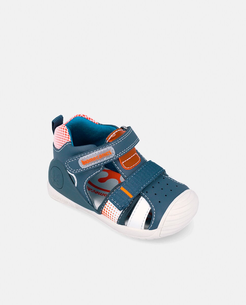 Sandálias Fechadas em Pele com Velcro Azul-4