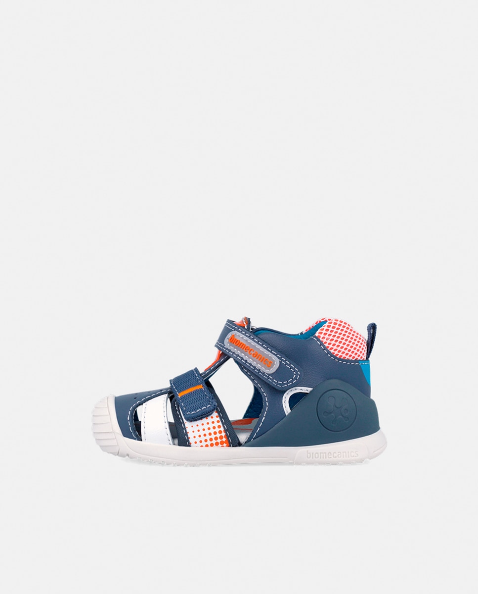 Sandálias Fechadas em Pele com Velcro Azul-5