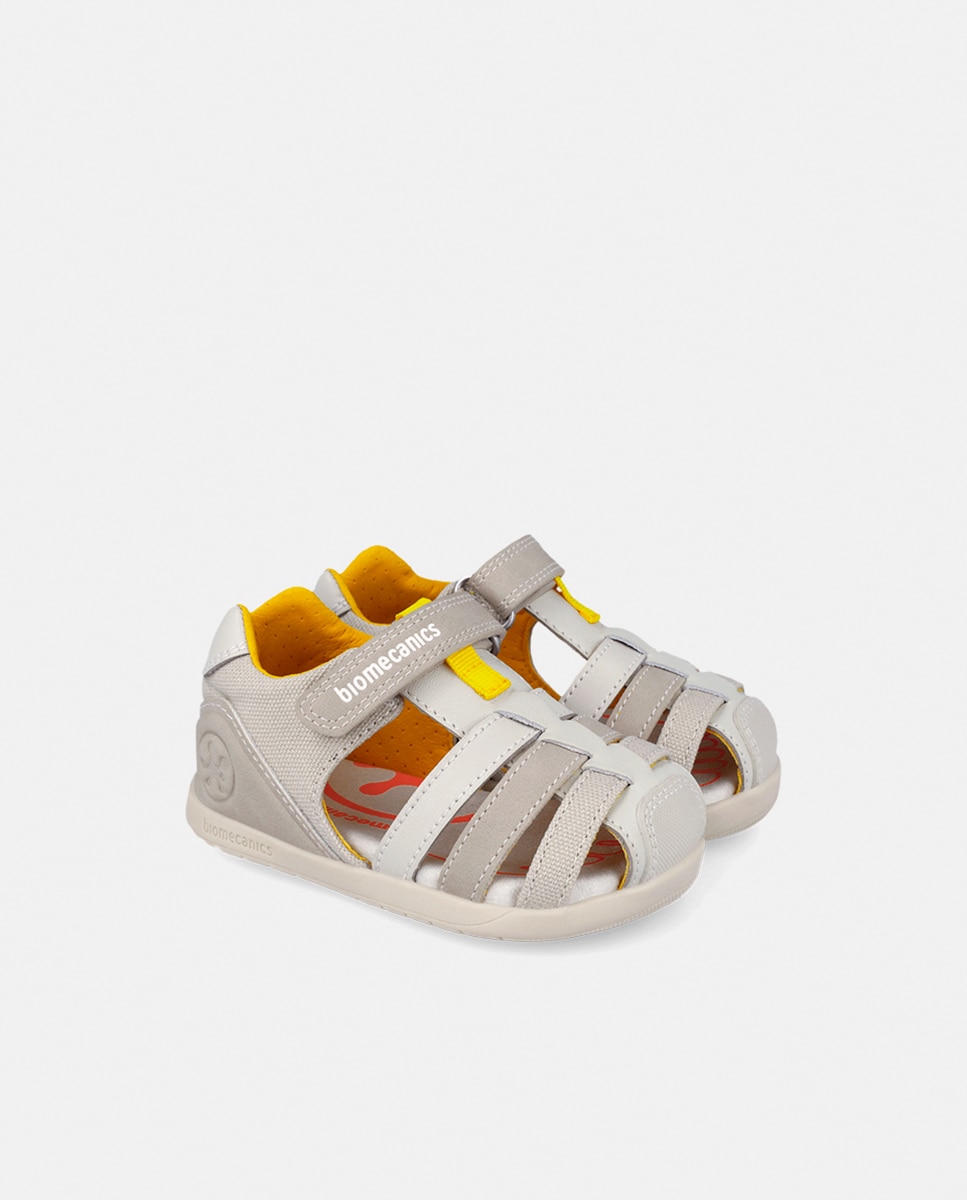 Sandálias em Pele e Têxtil com Velcro Natural-2