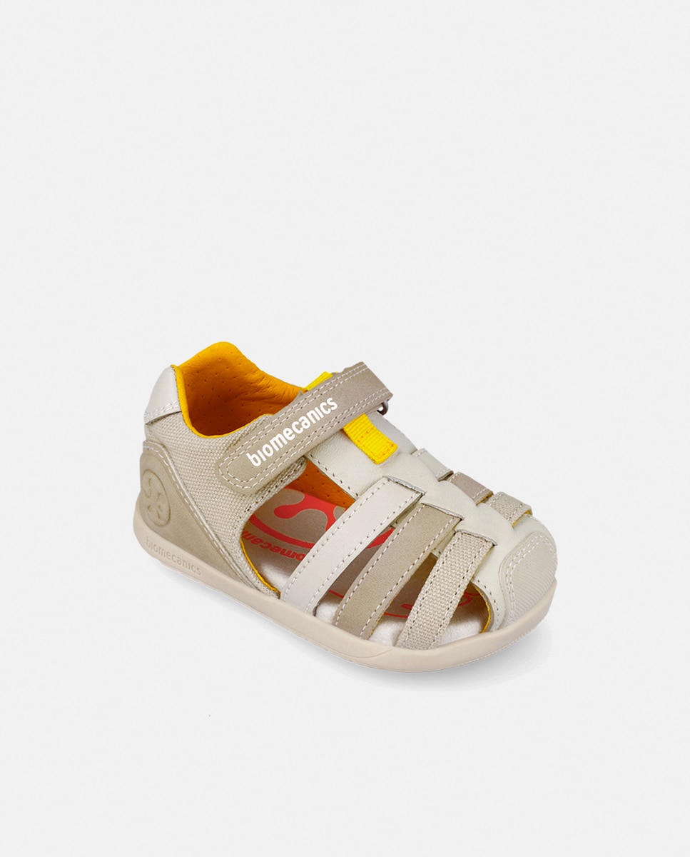 Sandálias em Pele e Têxtil com Velcro Natural-4