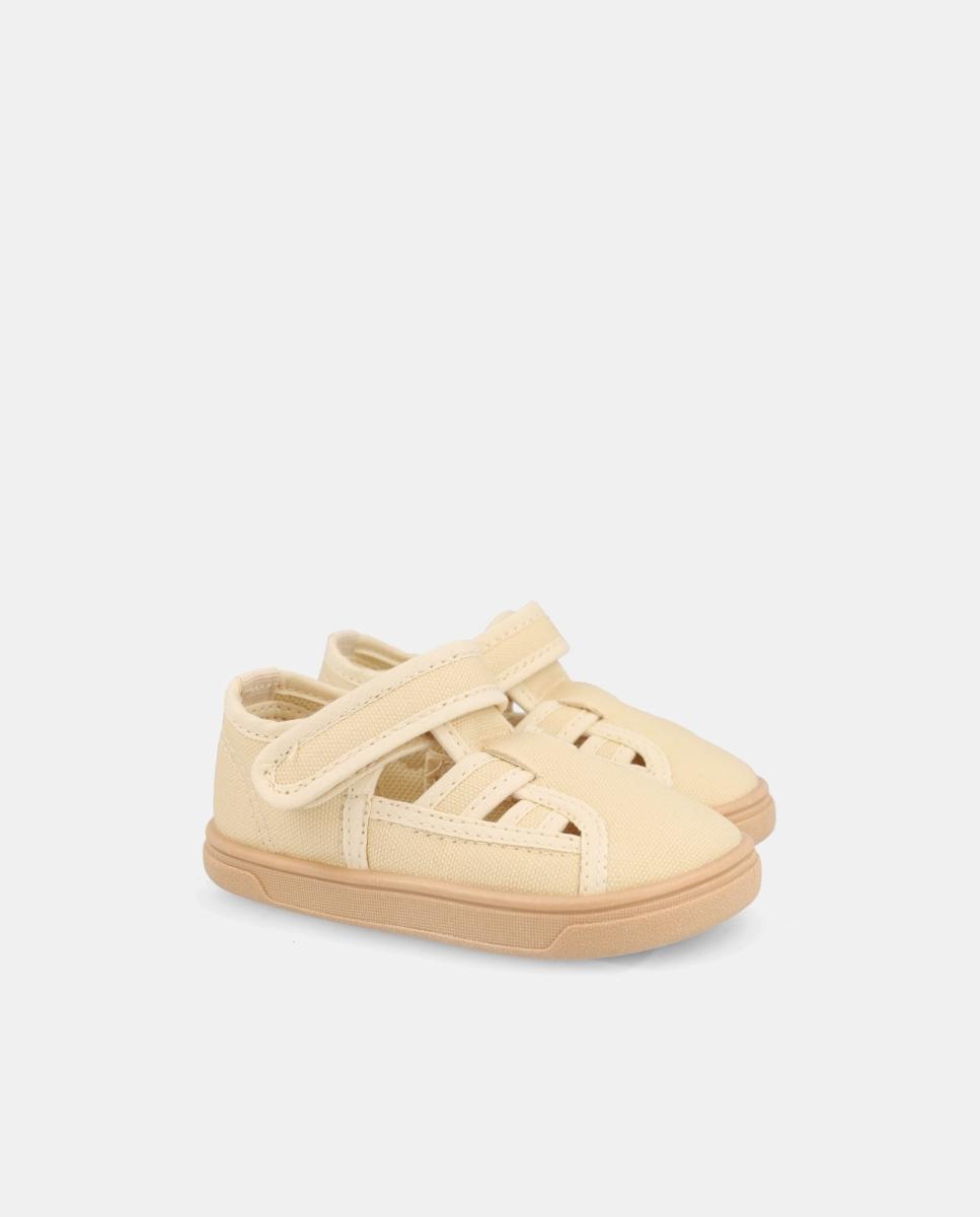 Sapatos de Lona Tipo Sandálias Barefoot com Fecho de Velcro Blanditos Bege-2