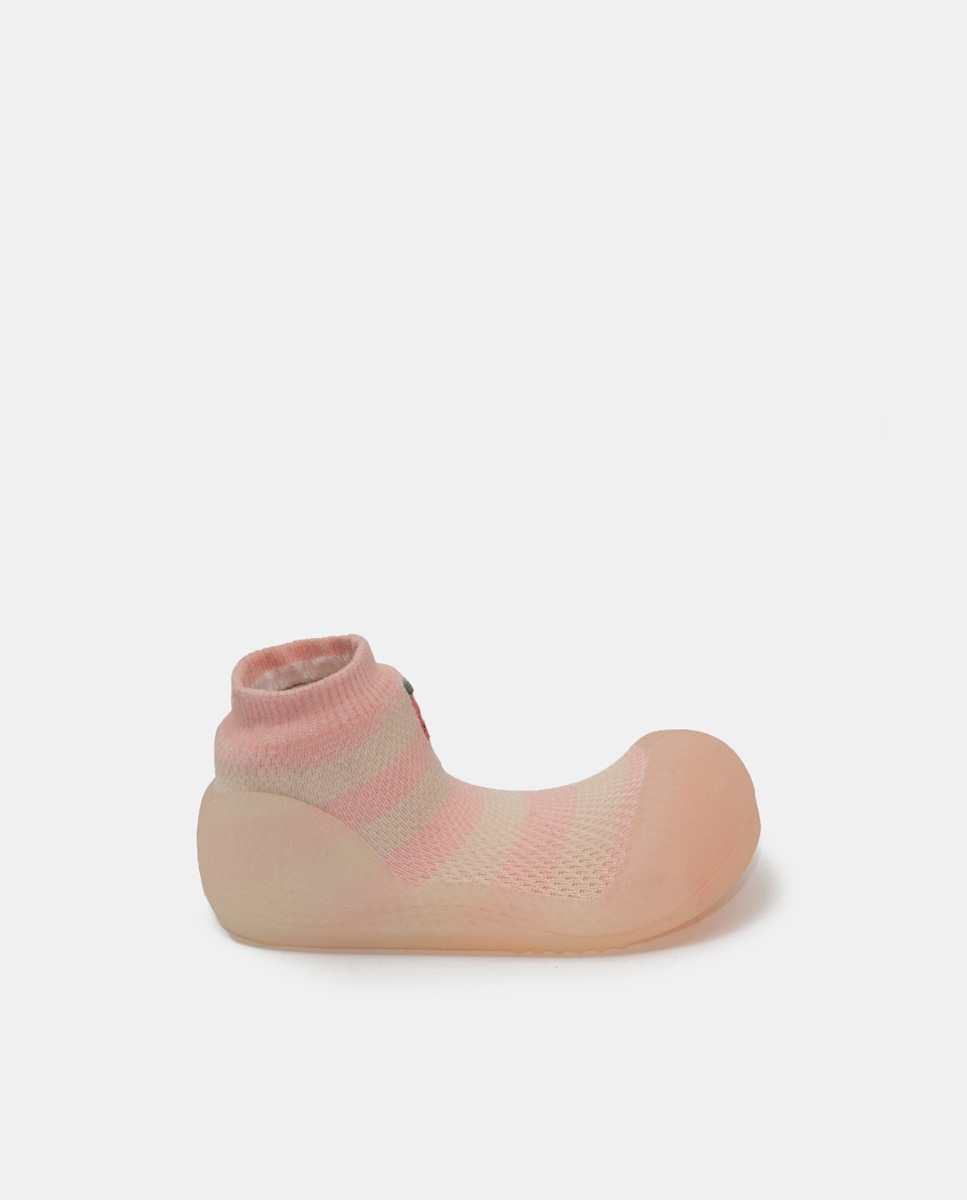 Botas de Tricot de Bebé às Riscas com Bordado e em Têxtil Rosa-1