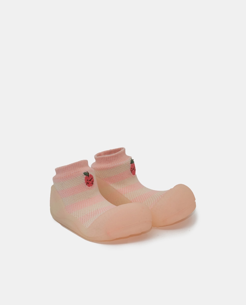 Botas de Tricot de Bebé às Riscas com Bordado e em Têxtil Rosa-2
