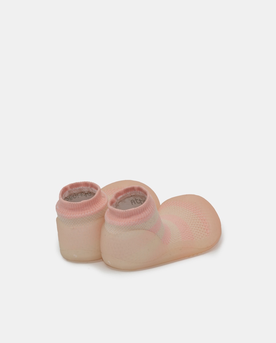 Botas de Tricot de Bebé às Riscas com Bordado e em Têxtil Rosa-3