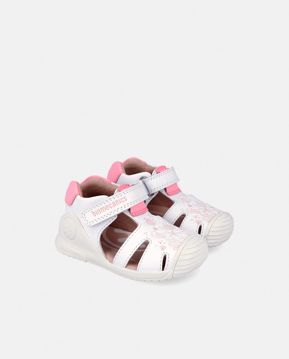 Sandálias Gravadas em Pele com Velcro Biomecanics Branco-2