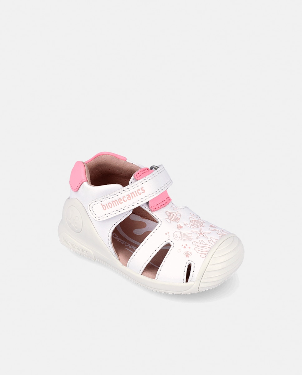 Sandálias Gravadas em Pele com Velcro Biomecanics Branco-4