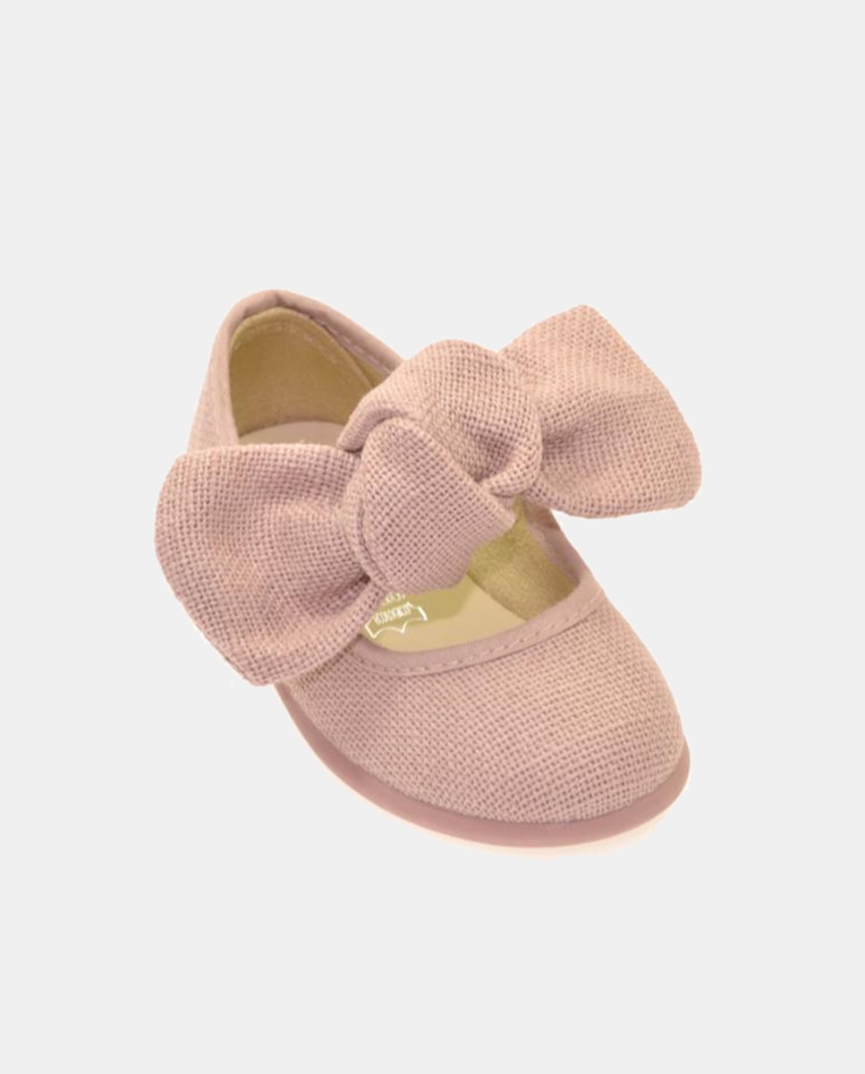 Sapatos de Presilha de Bebé com Tecido e Laço Rosa Nude-1