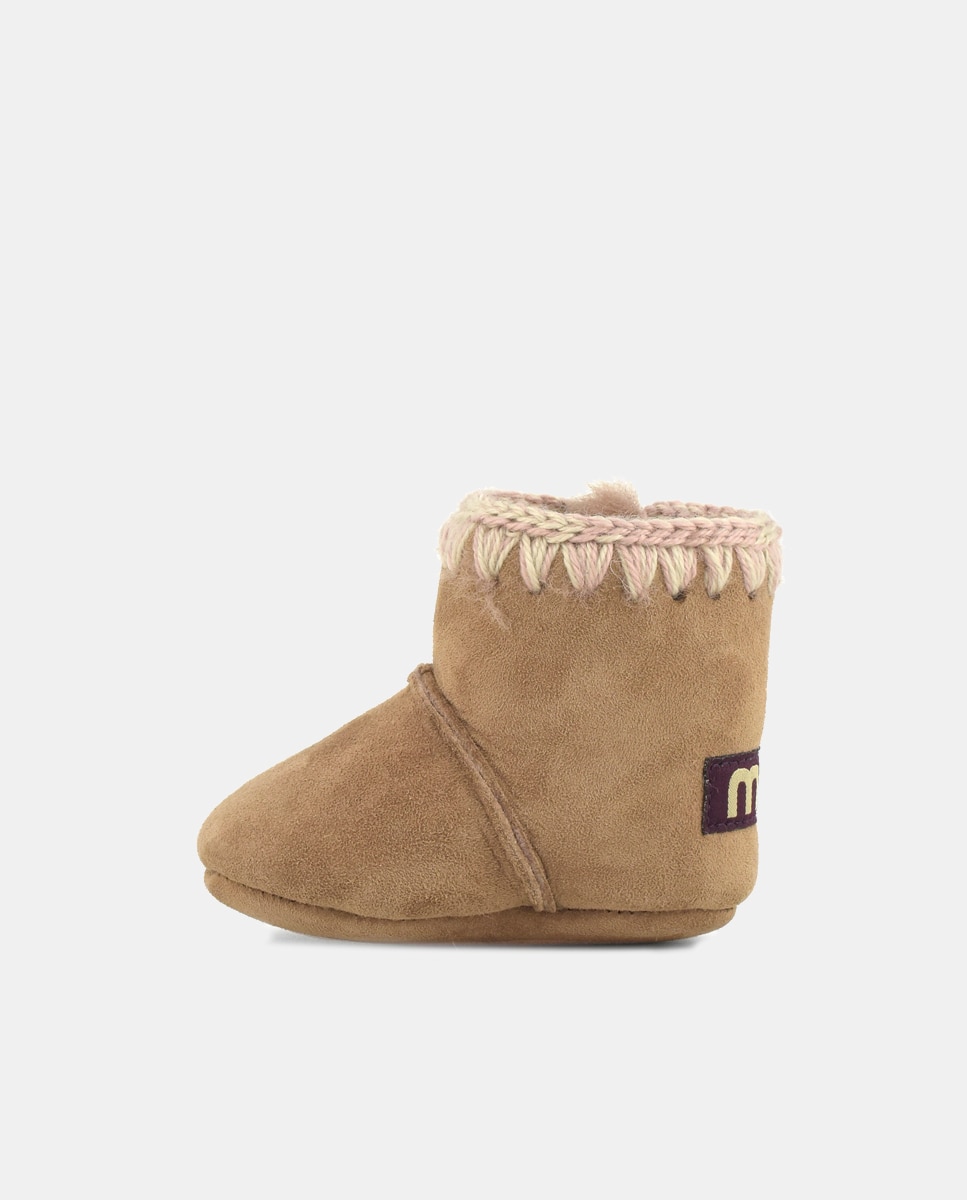 Botas de Bebé com Tira de Crochet em Contraste e em Croute Mou Camel-2