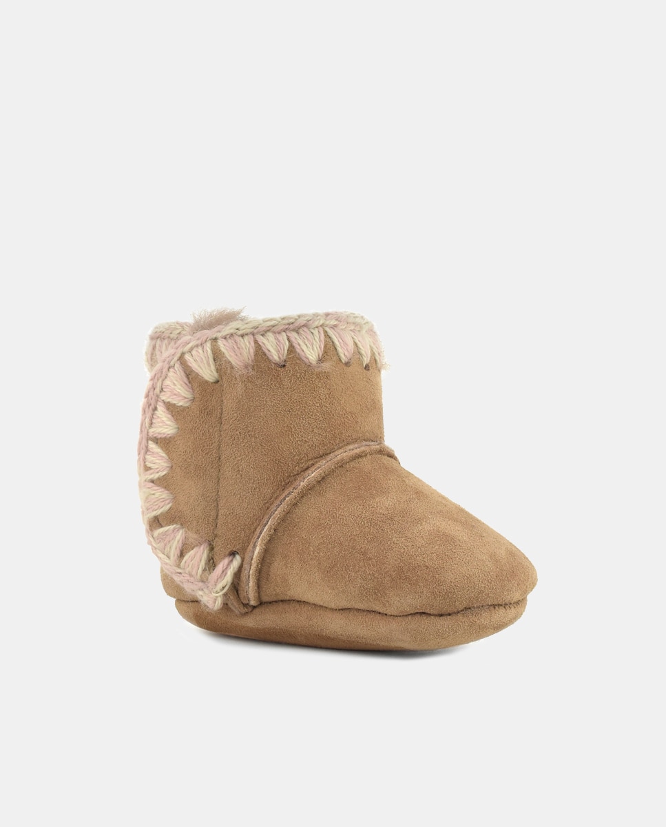 Botas de Bebé com Tira de Crochet em Contraste e em Croute Mou Camel-4
