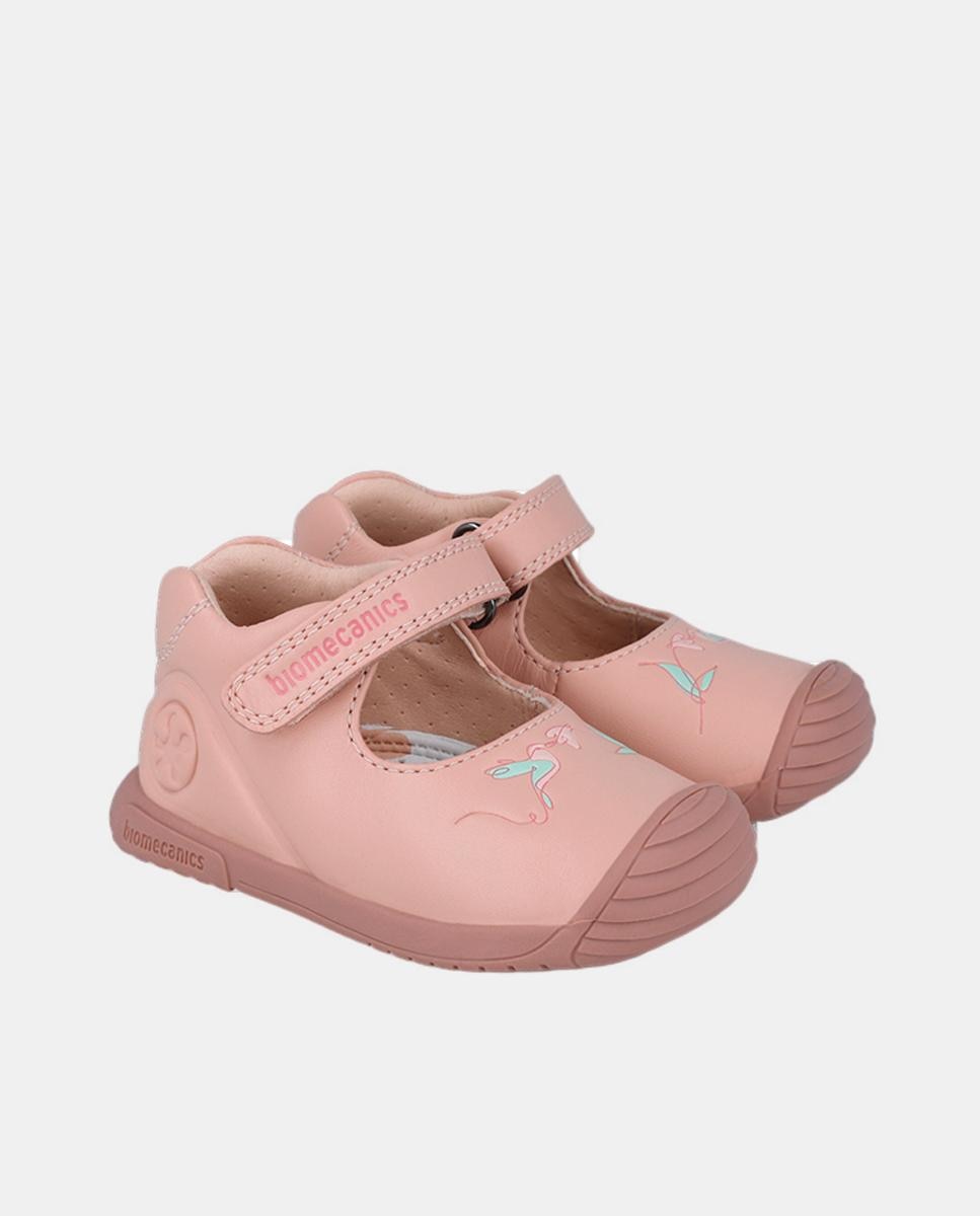 Sapatos de Presilha em Pele com Velcro Rosa-2