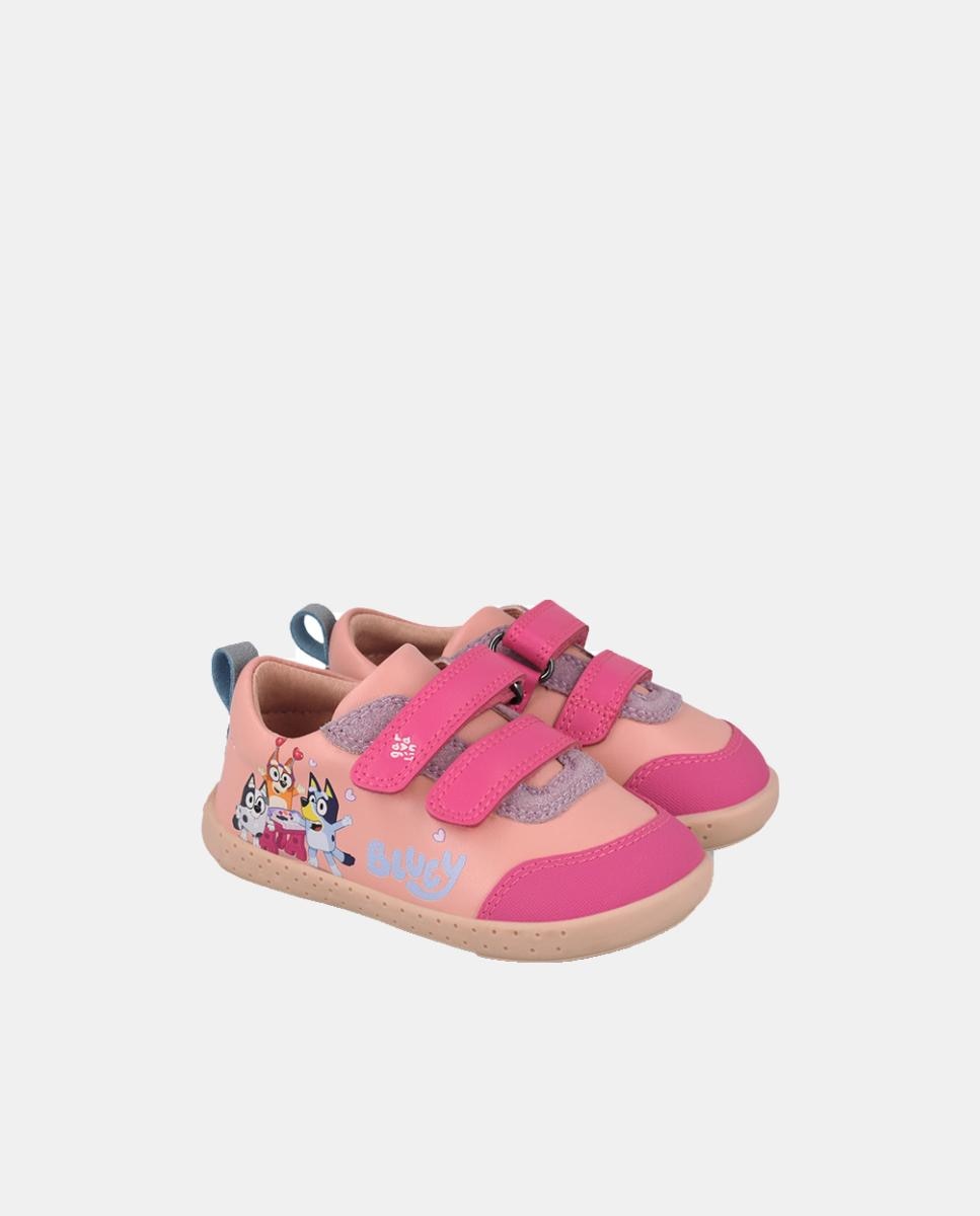 Sapatilhas de pele barefoot Bluey  com duplo fecho de velcro Rosa-5