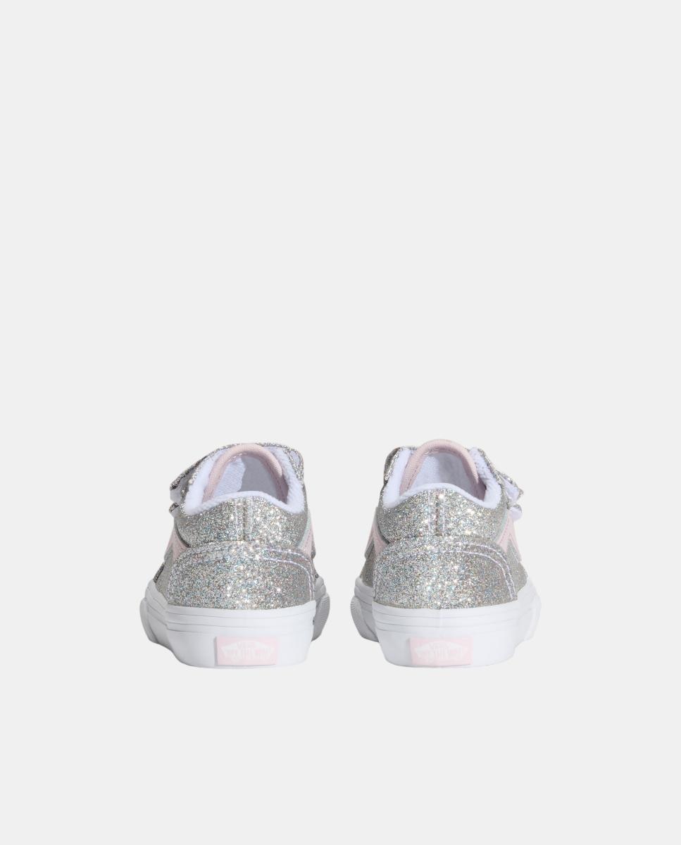 Sapatilhas causal modelo Old Skool Velcro Vans, em acabado purpurina Prata-2