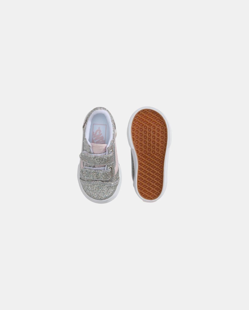 Sapatilhas causal modelo Old Skool Velcro Vans, em acabado purpurina Prata-3