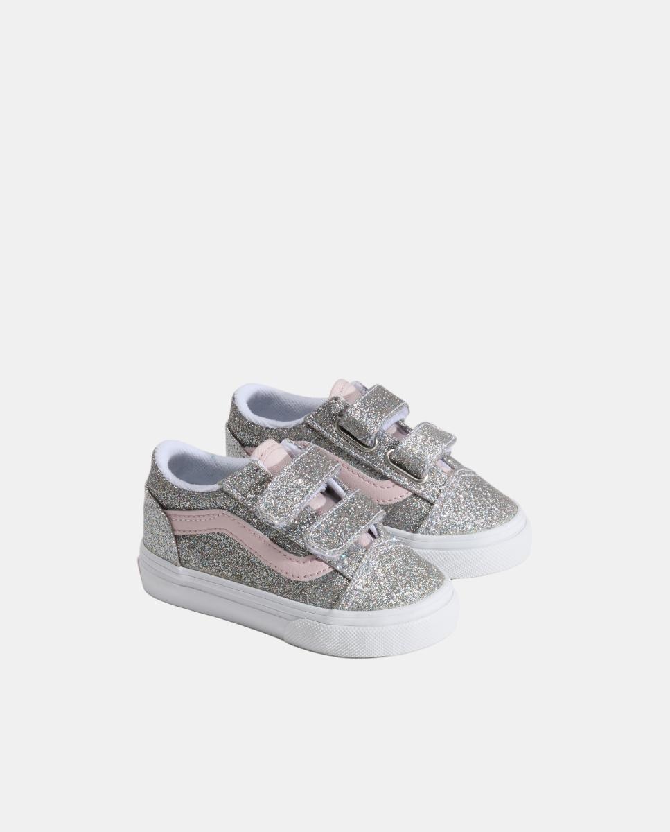 Sapatilhas causal modelo Old Skool Velcro Vans, em acabado purpurina Prata-4