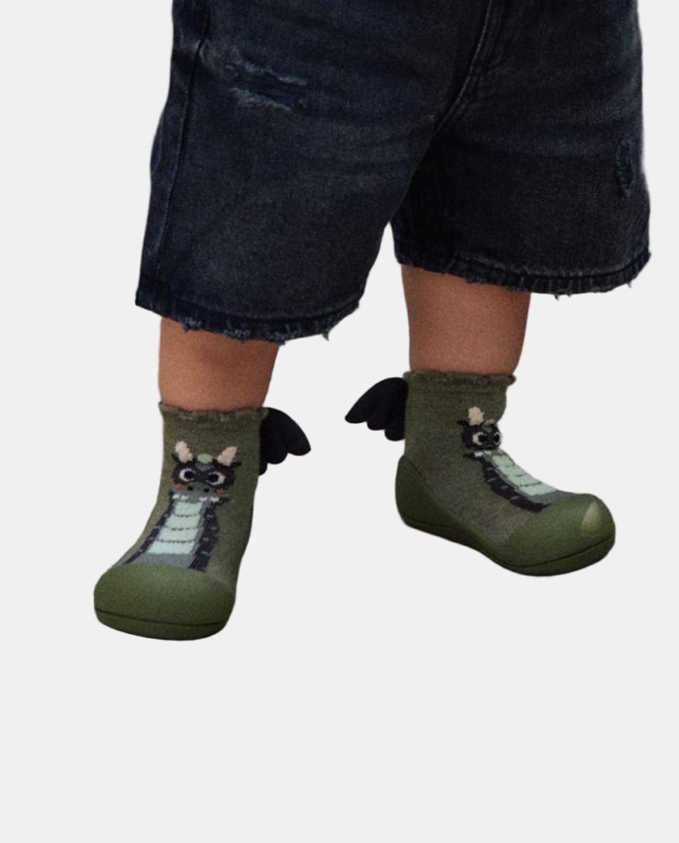 Patucos de bebé barefoot de algodón con dibujo Dragón - Attipas - Verde oscuro Verde oscuro-4