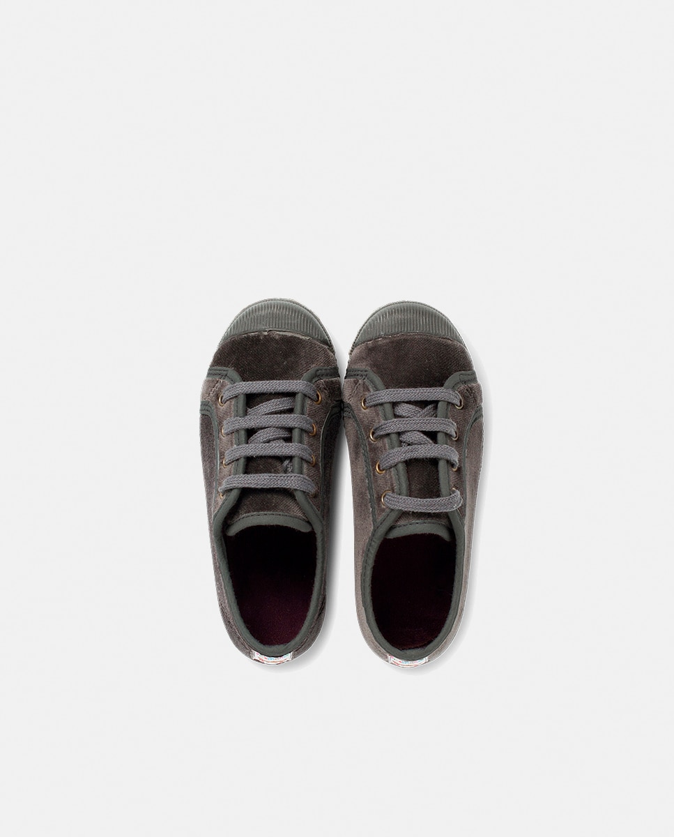 Zapatillas terciopelo de bebé niño con cordones - Pisamonas - Gris oscuro Gris oscuro-4