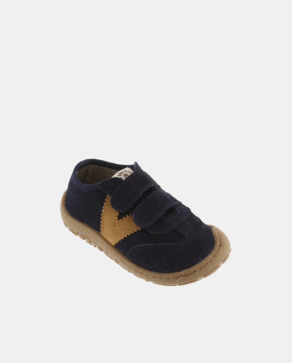 Sapatilhas Barefoot de Criança em Bombazina com Peças de Croute e Fecho Aderente Duplo Azul-marinho-2